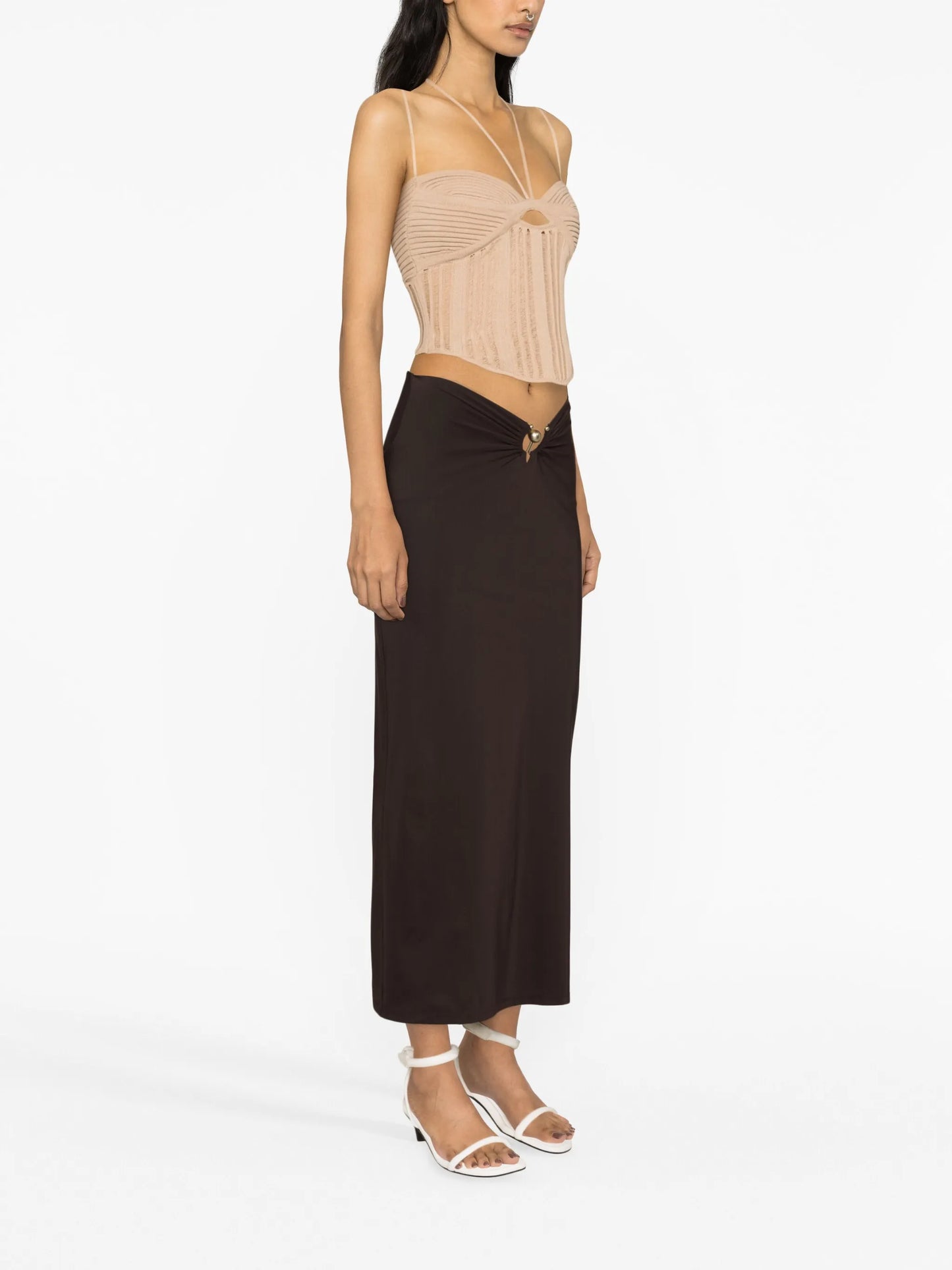 low-rise ruched midi skirt