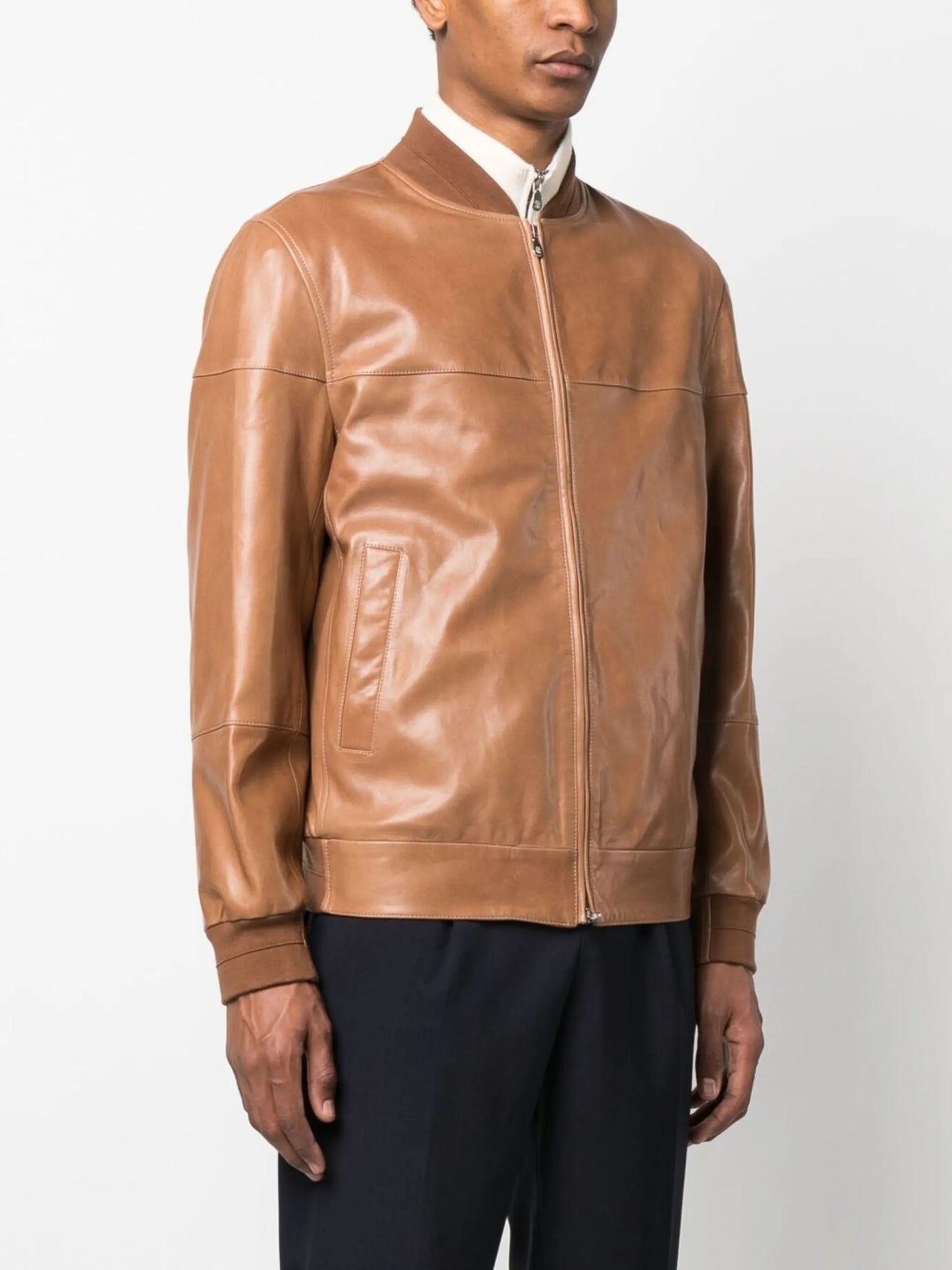 zipped leather bomber jacket
