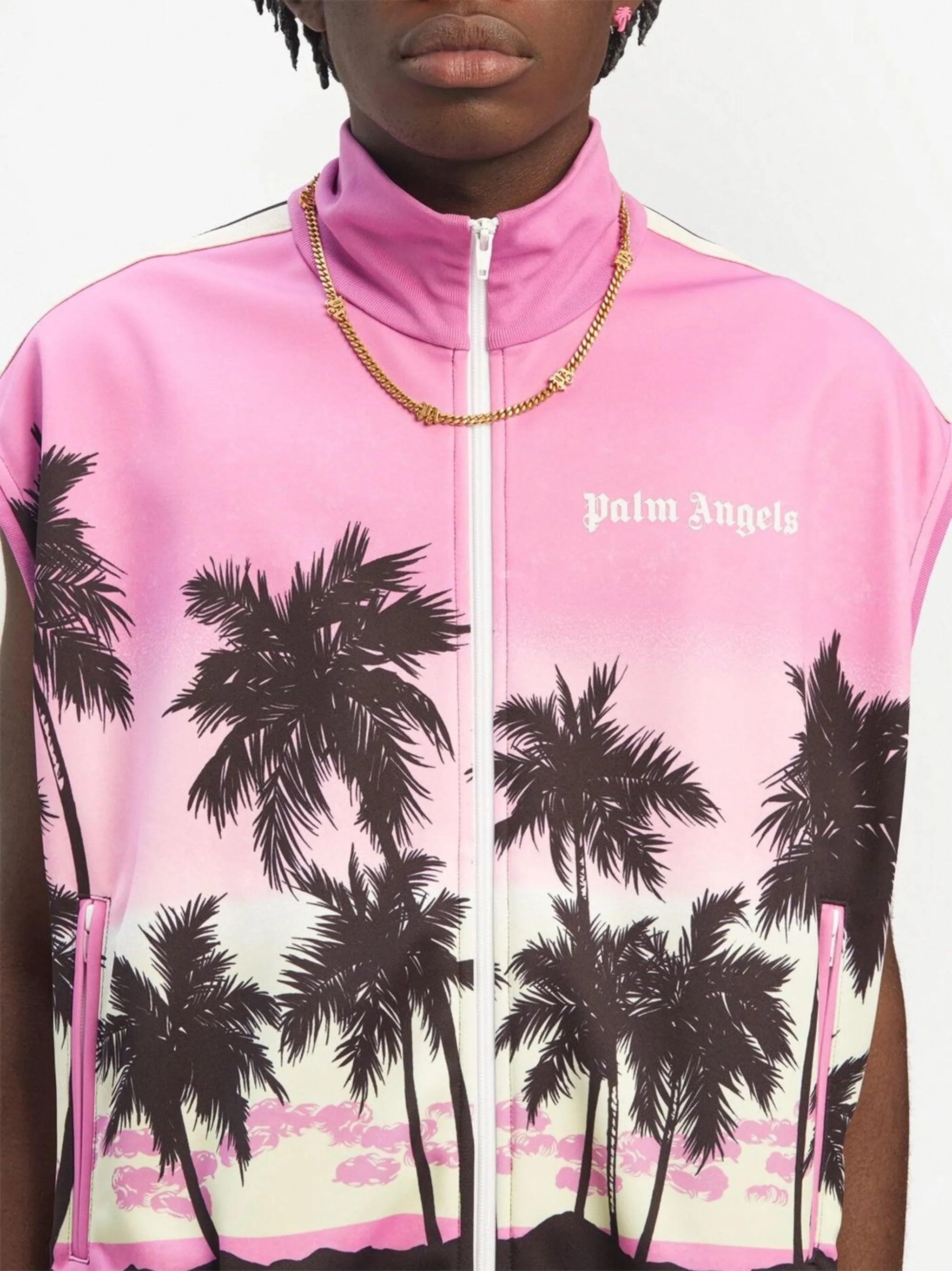 sunset-print striped track gilet