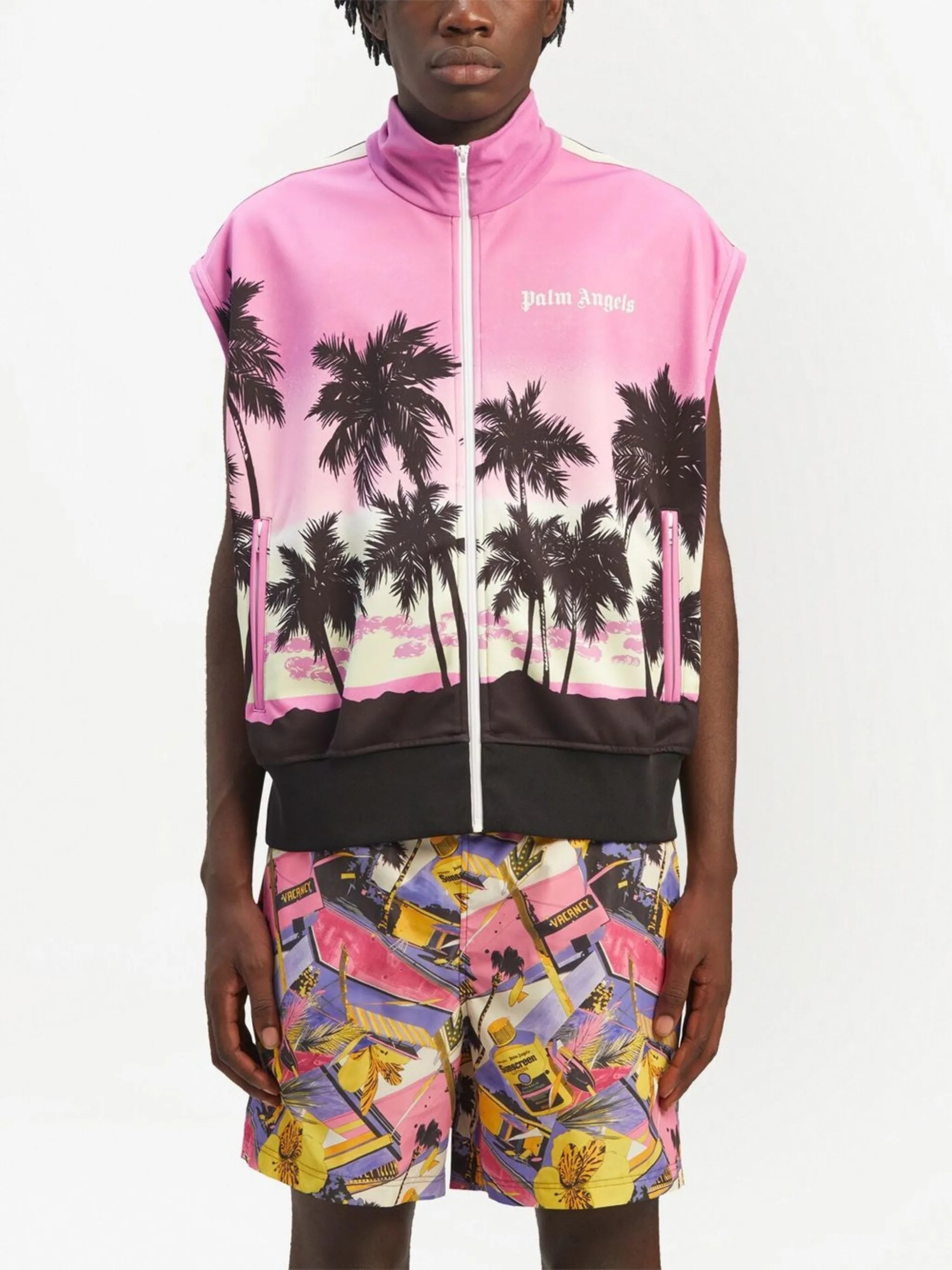 sunset-print striped track gilet