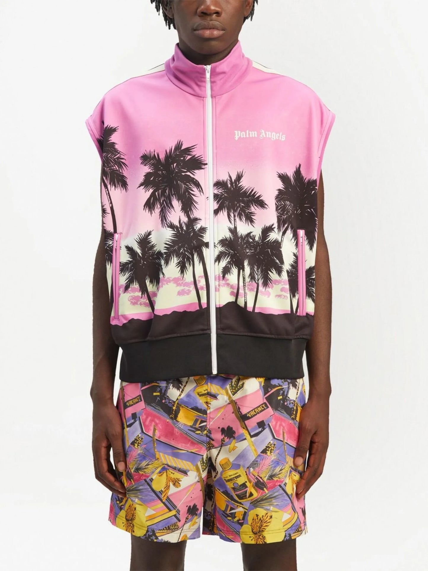 sunset-print striped track gilet