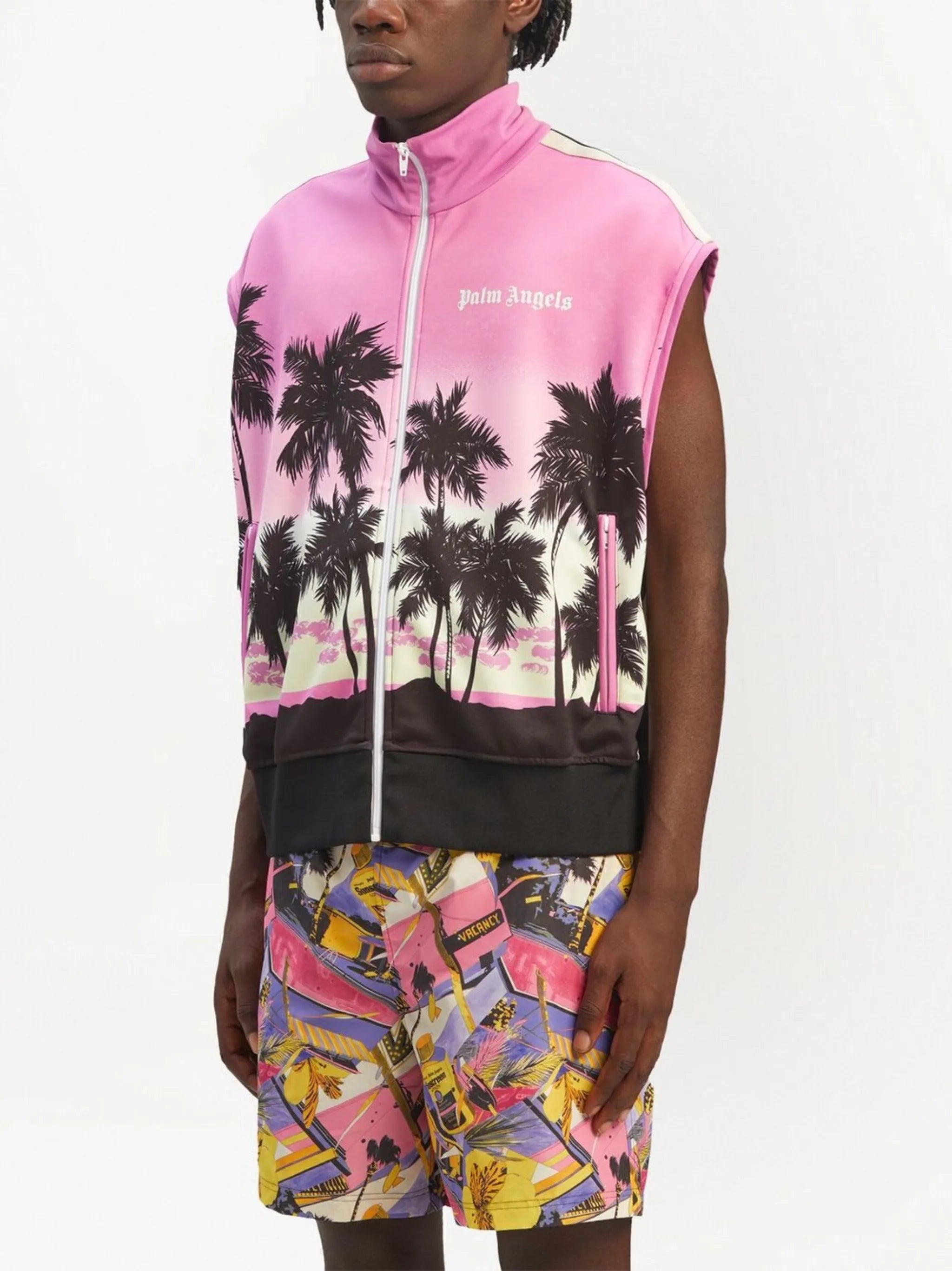 sunset-print striped track gilet