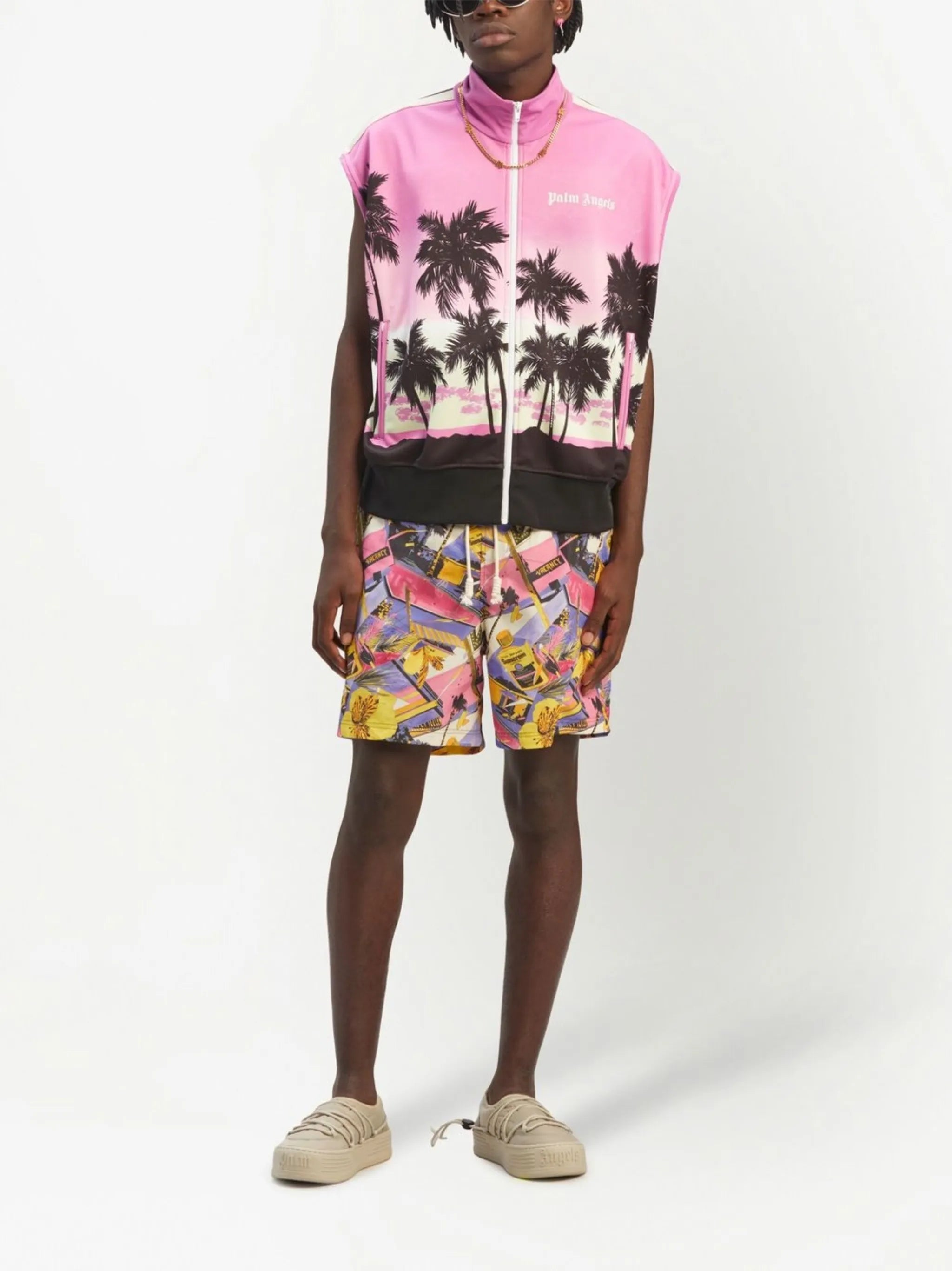 sunset-print striped track gilet