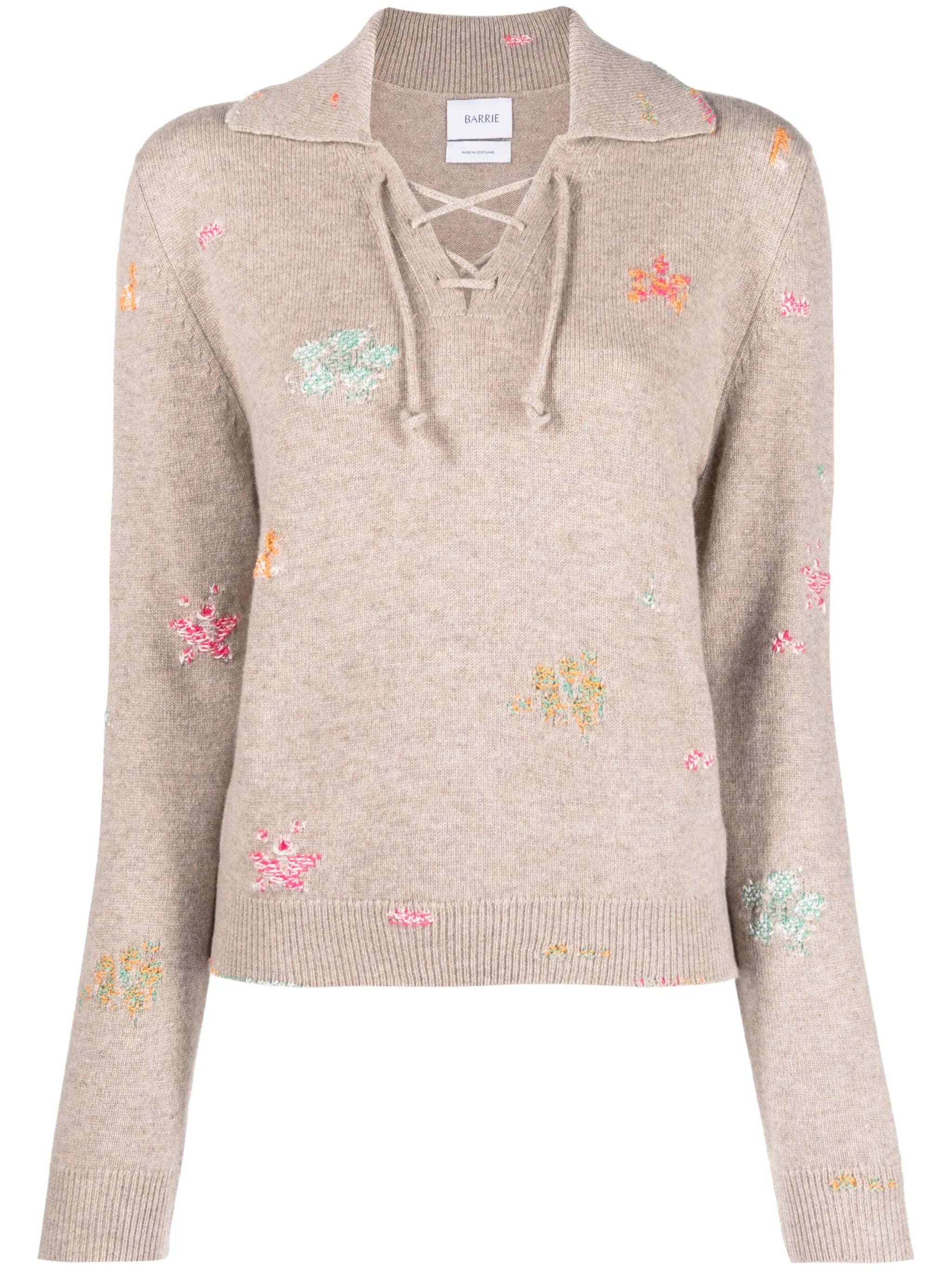 floral-embroidered V-neck jumper