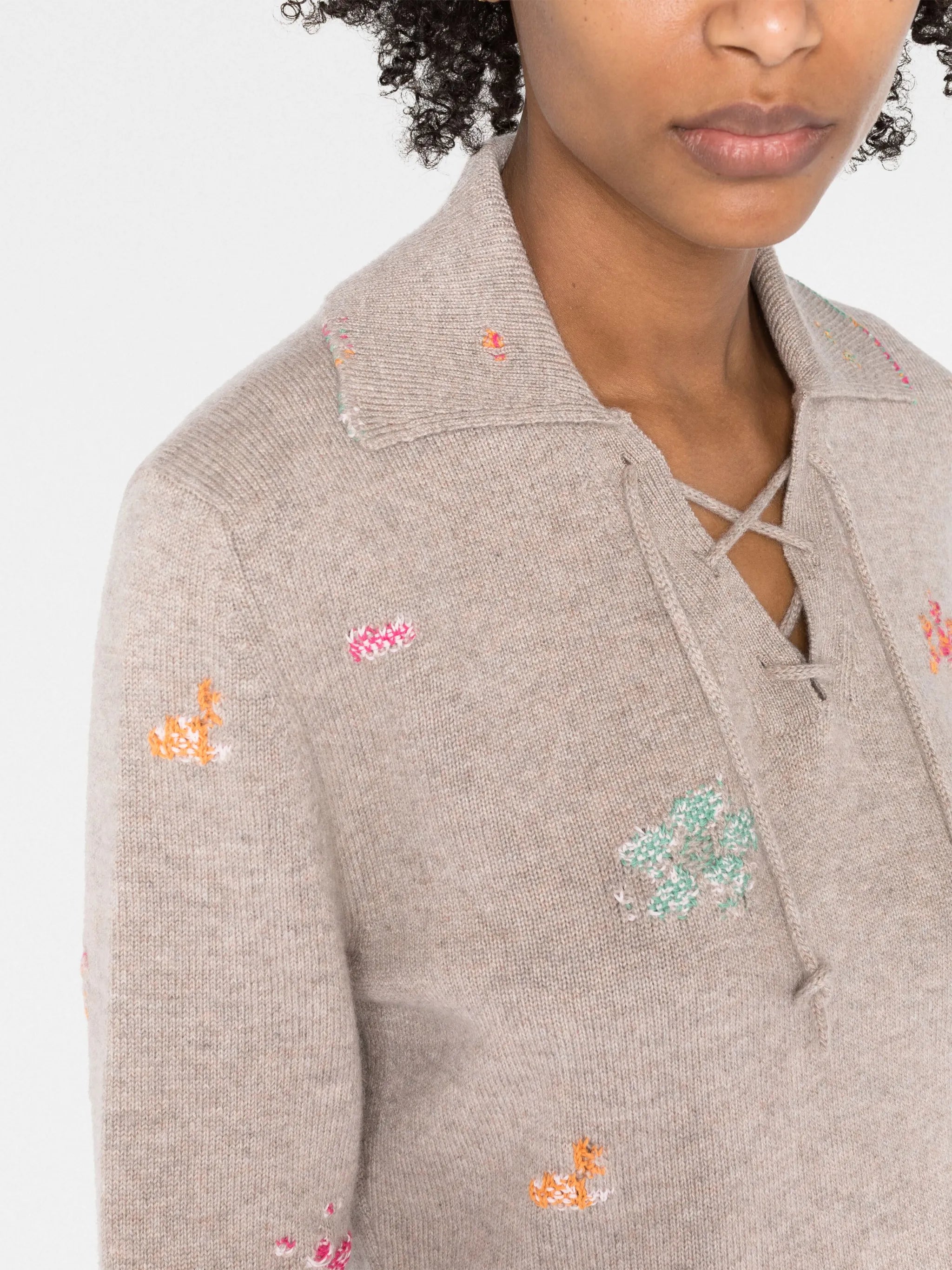 floral-embroidered V-neck jumper