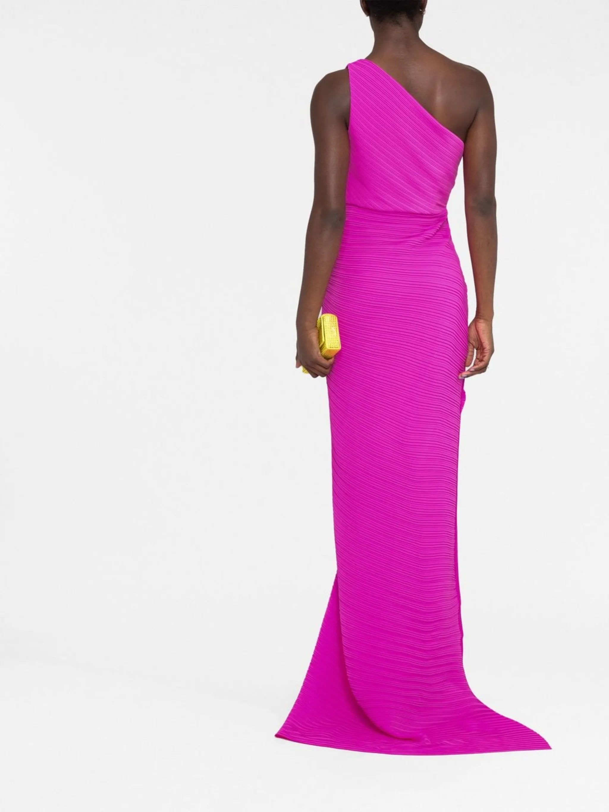 draped one-shoulder gown