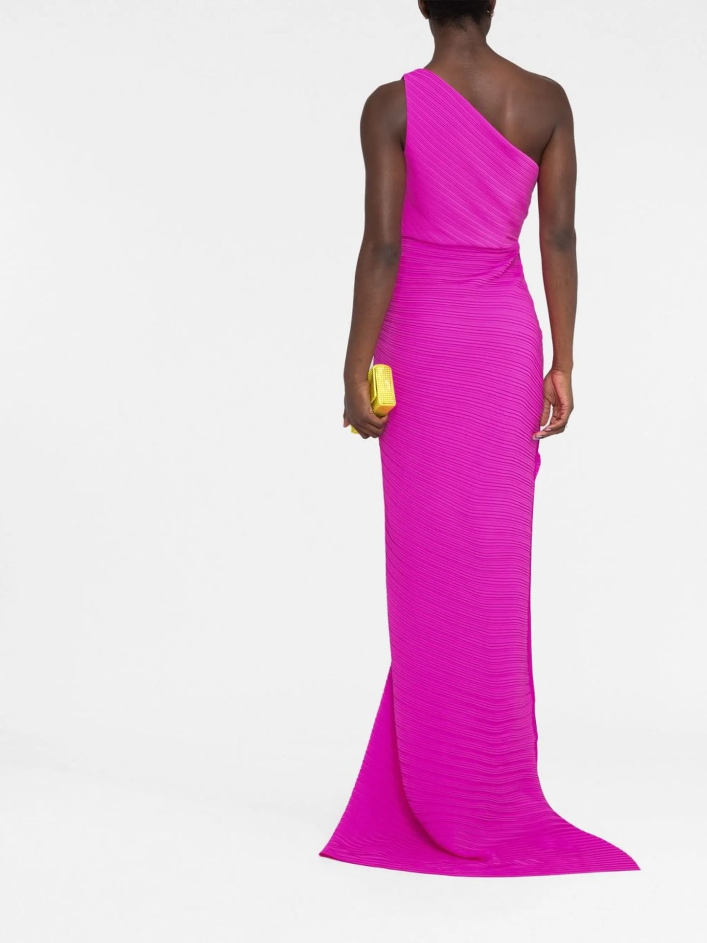 draped one-shoulder gown