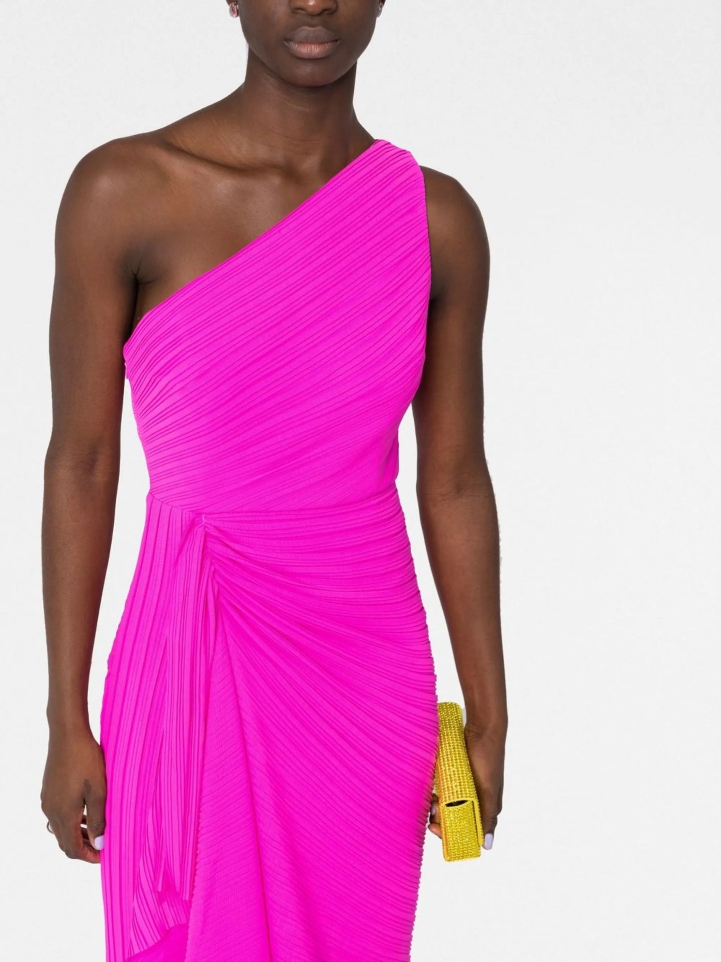 draped one-shoulder gown