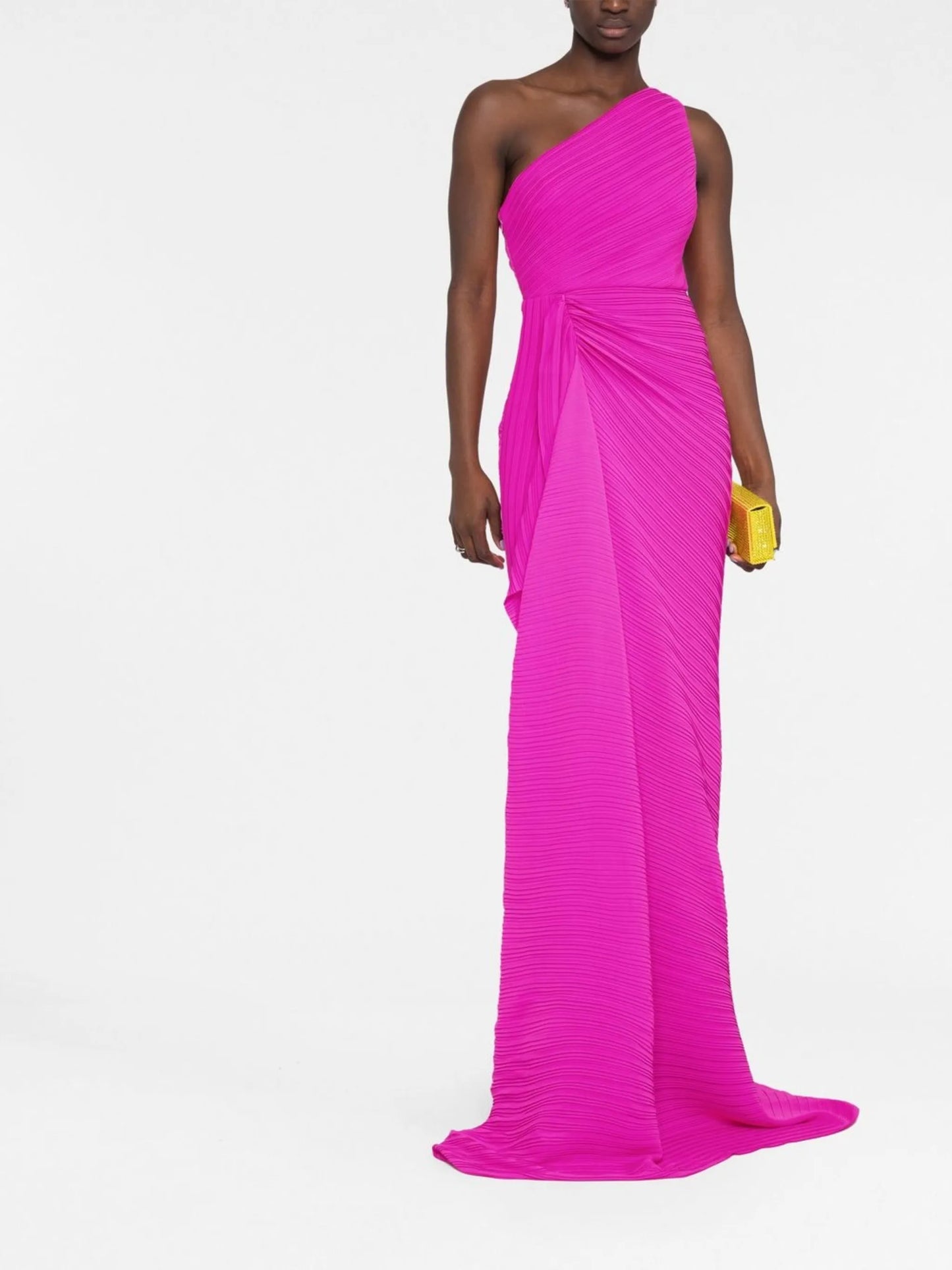 draped one-shoulder gown