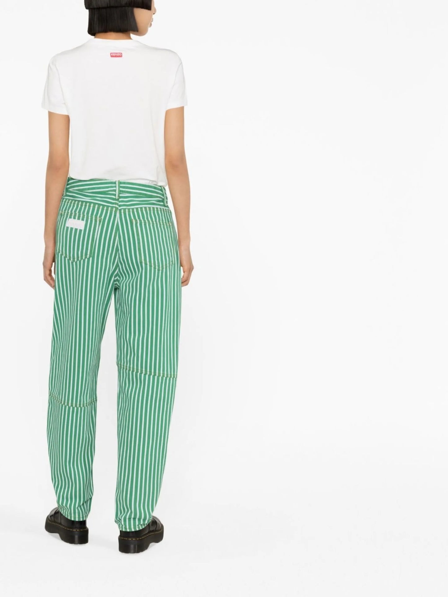 striped-print barrel-leg trousers