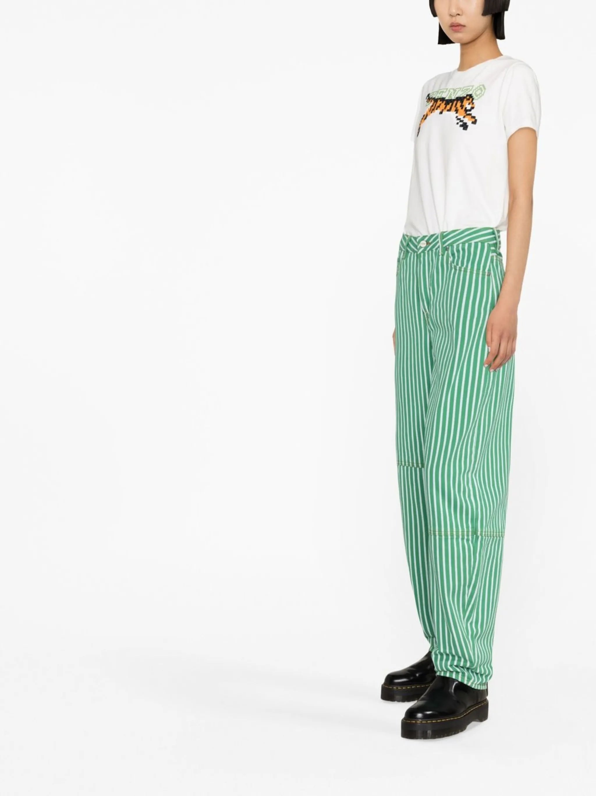 striped-print barrel-leg trousers