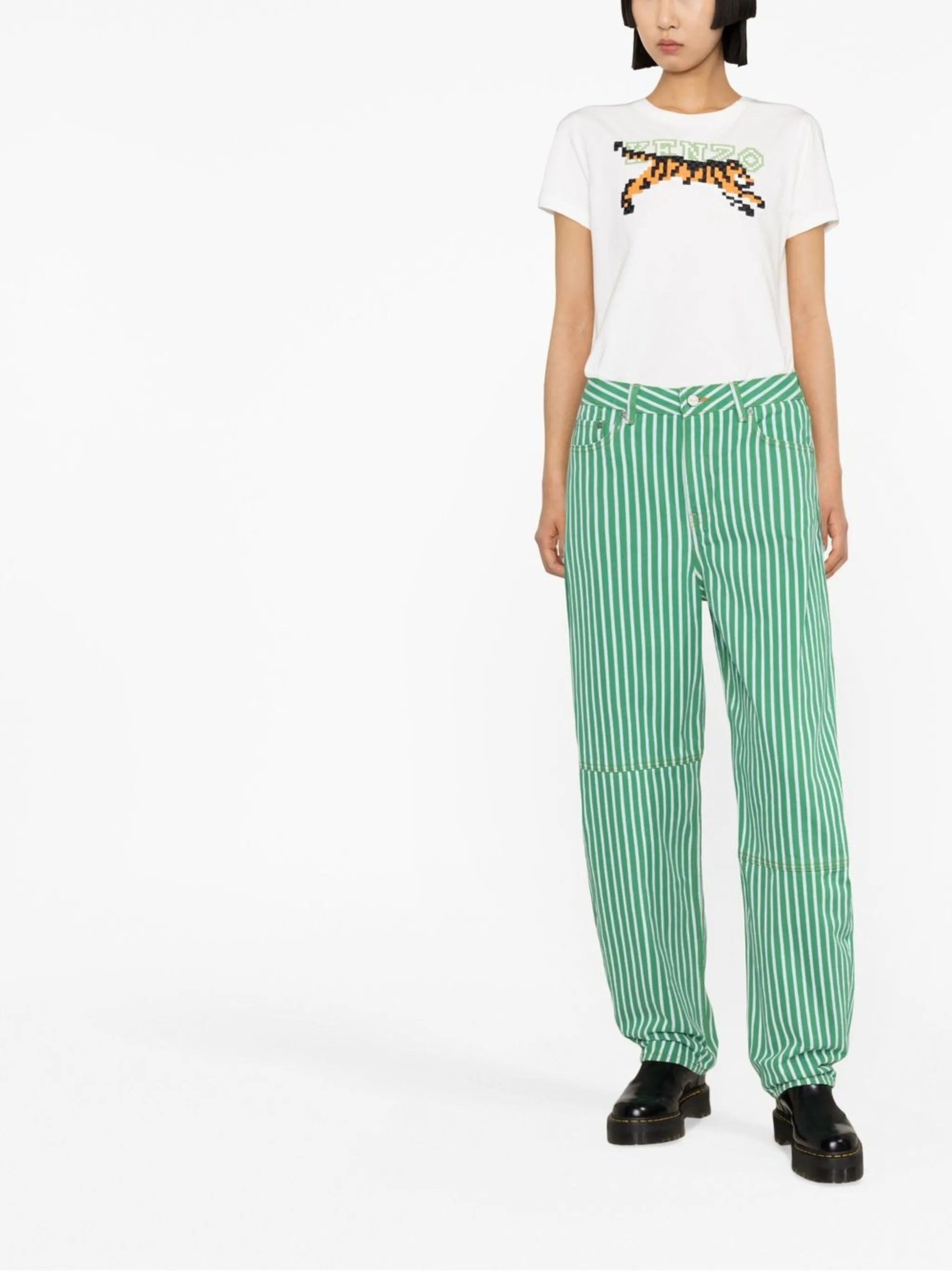 striped-print barrel-leg trousers