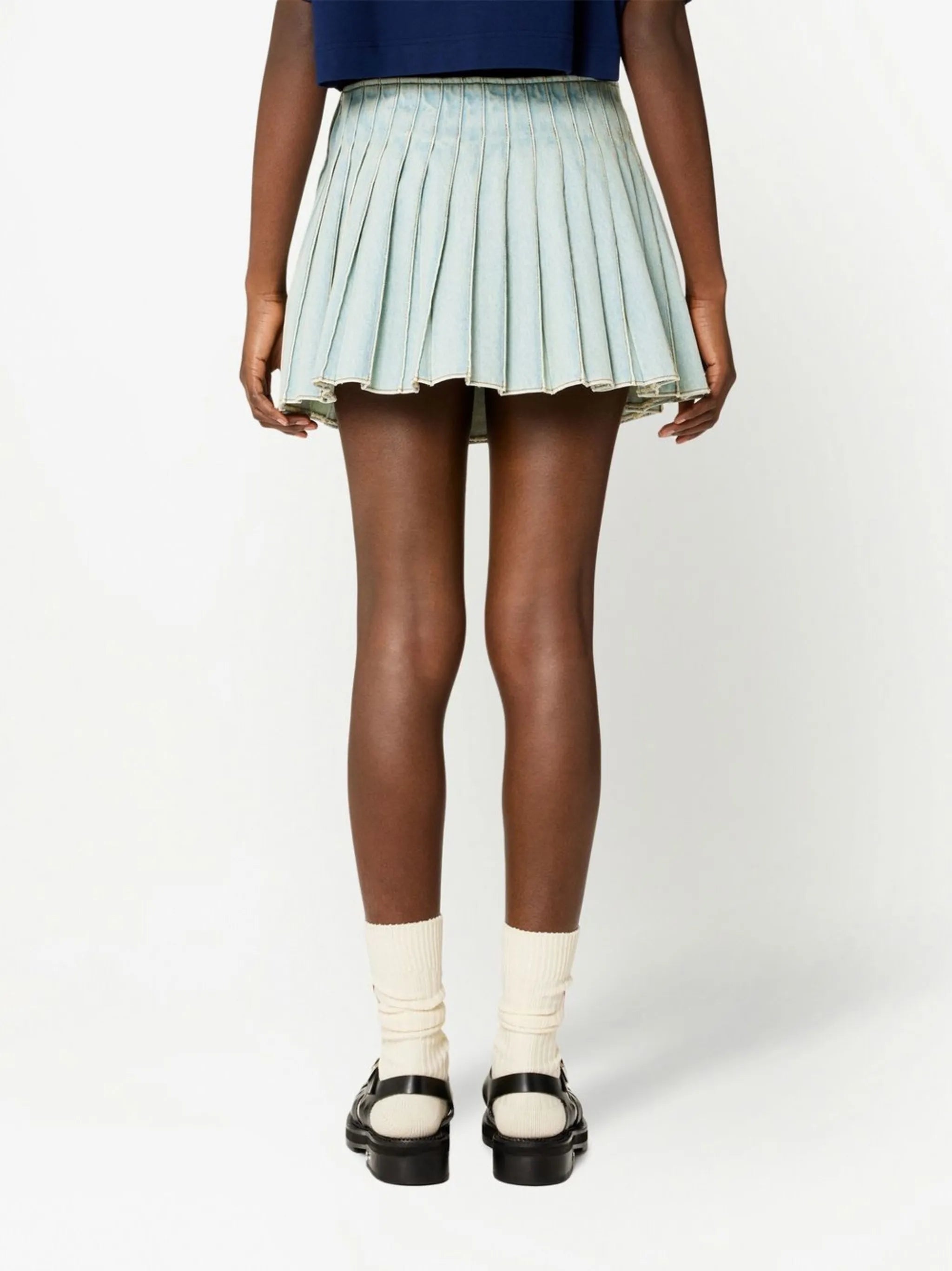 pleated denim skirt