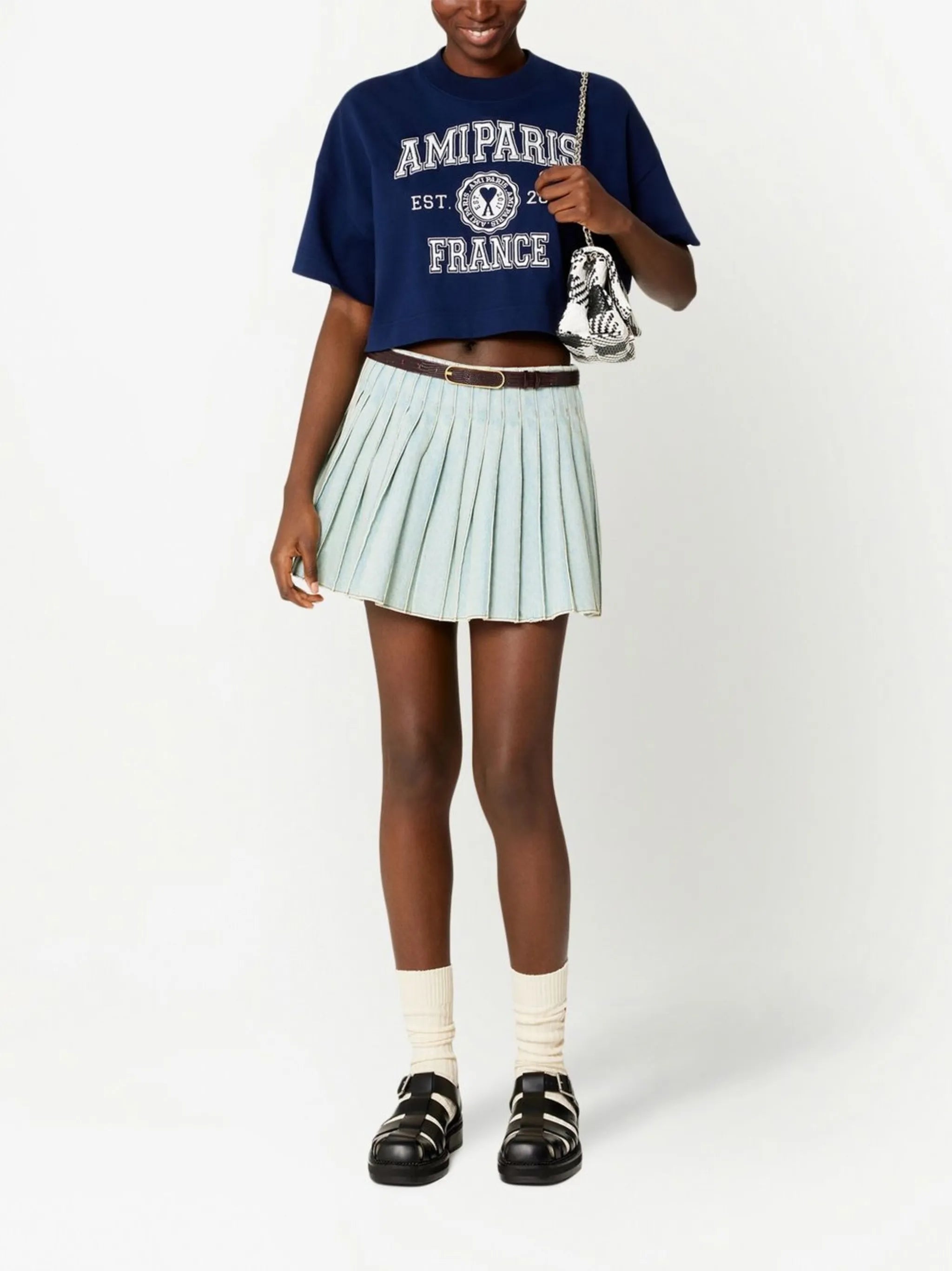 pleated denim skirt