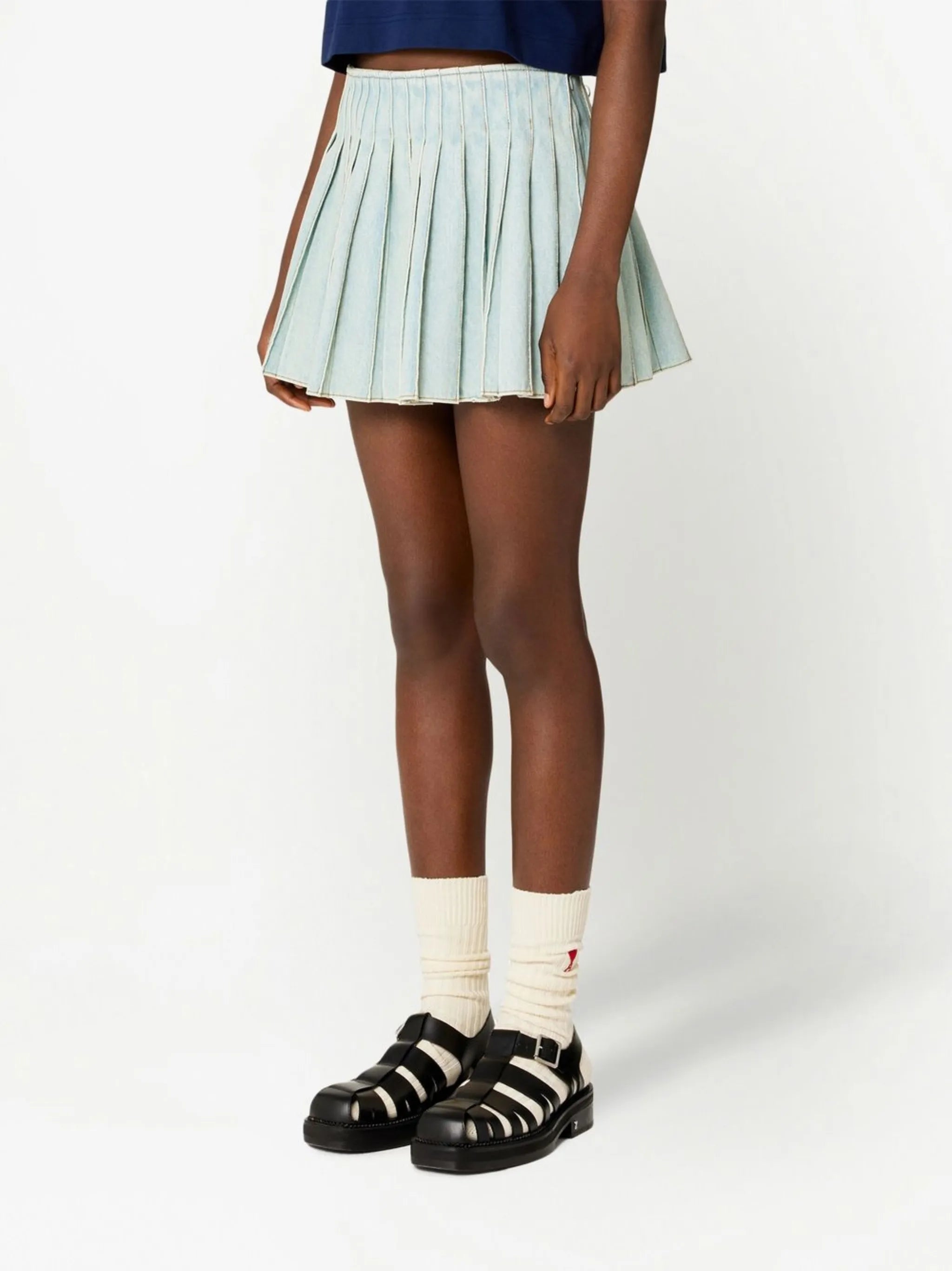 pleated denim skirt