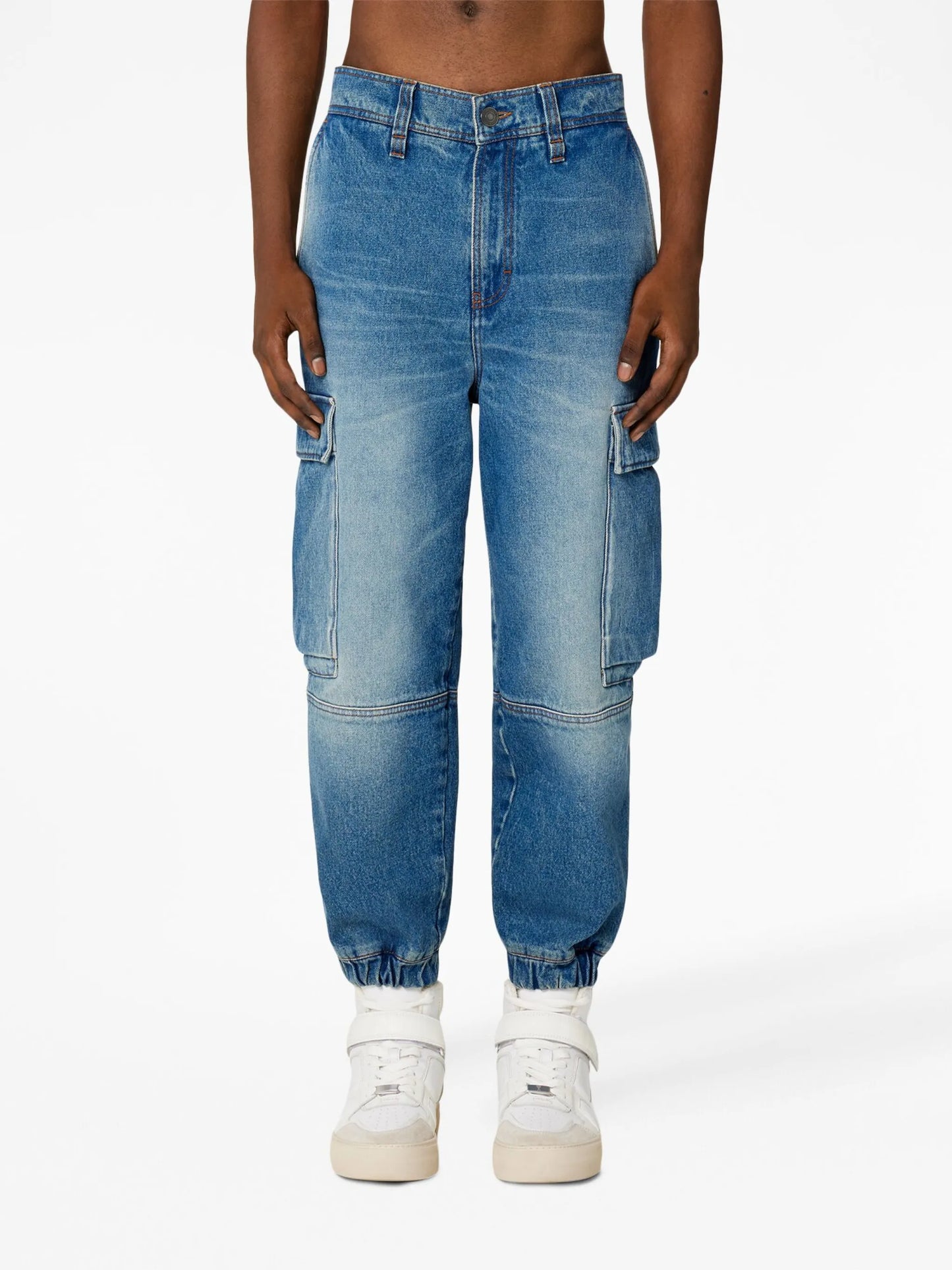 mid-wash denim cargo pants