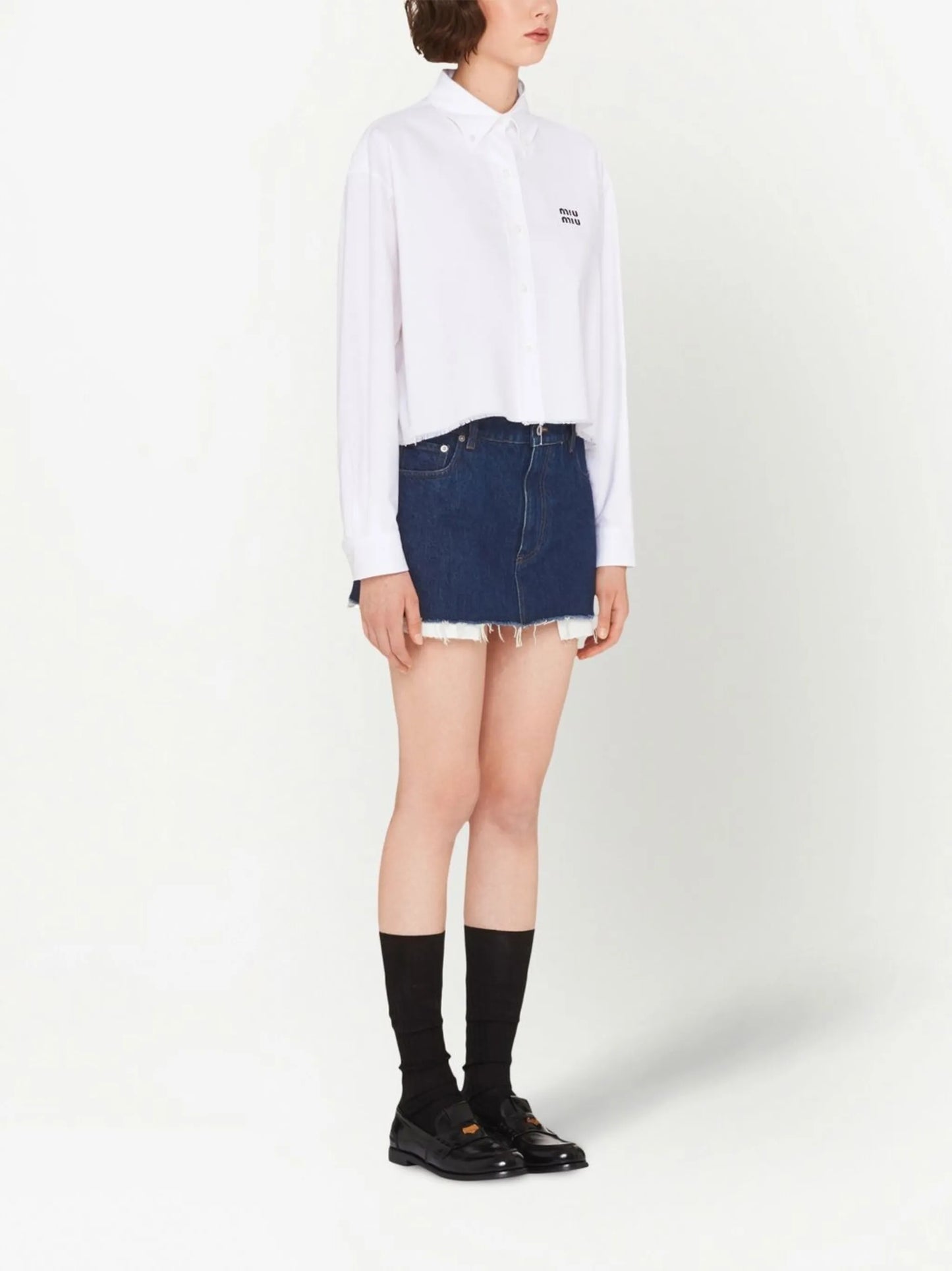 raw-cut denim mini skirt