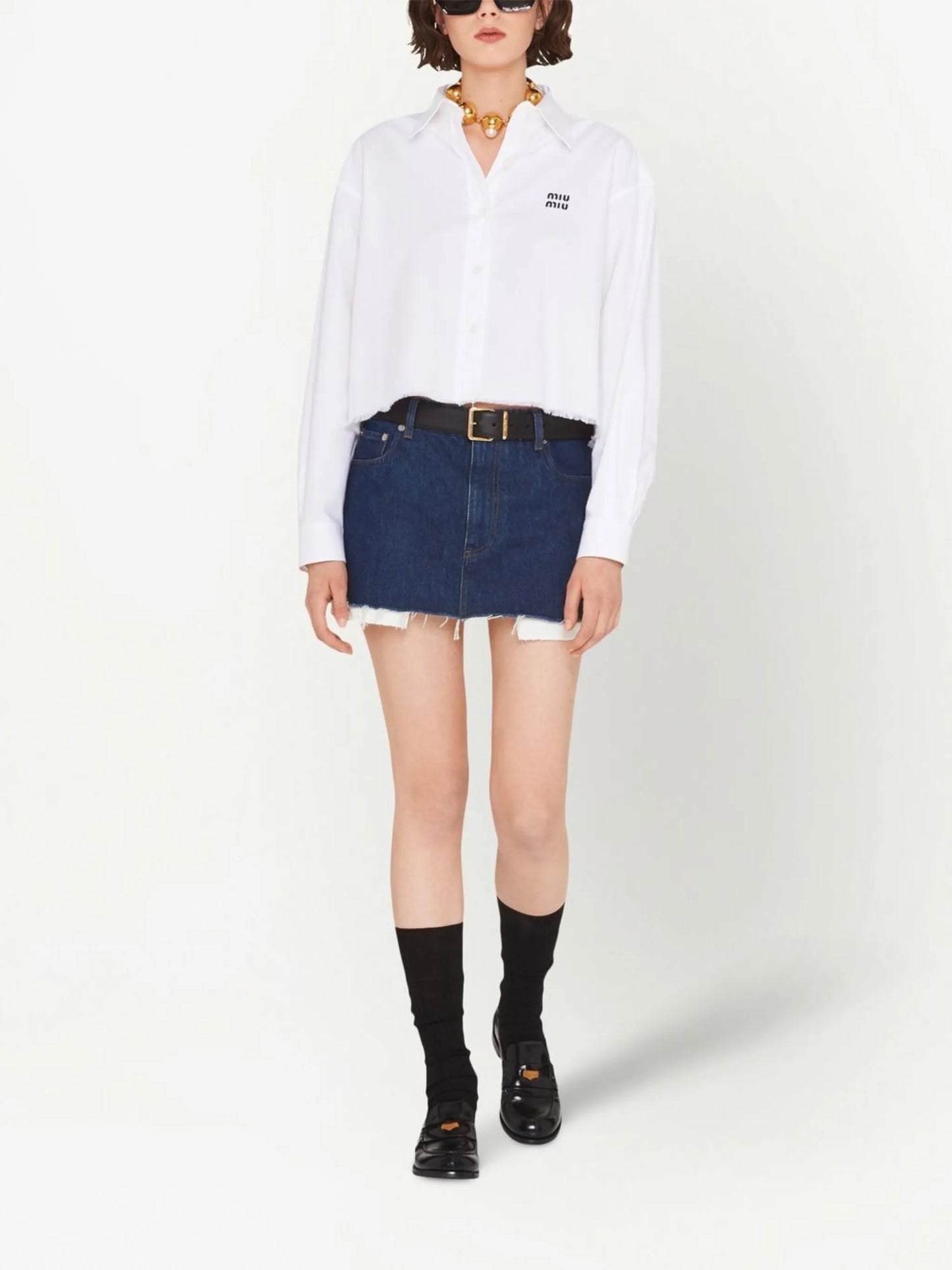 raw-cut denim mini skirt
