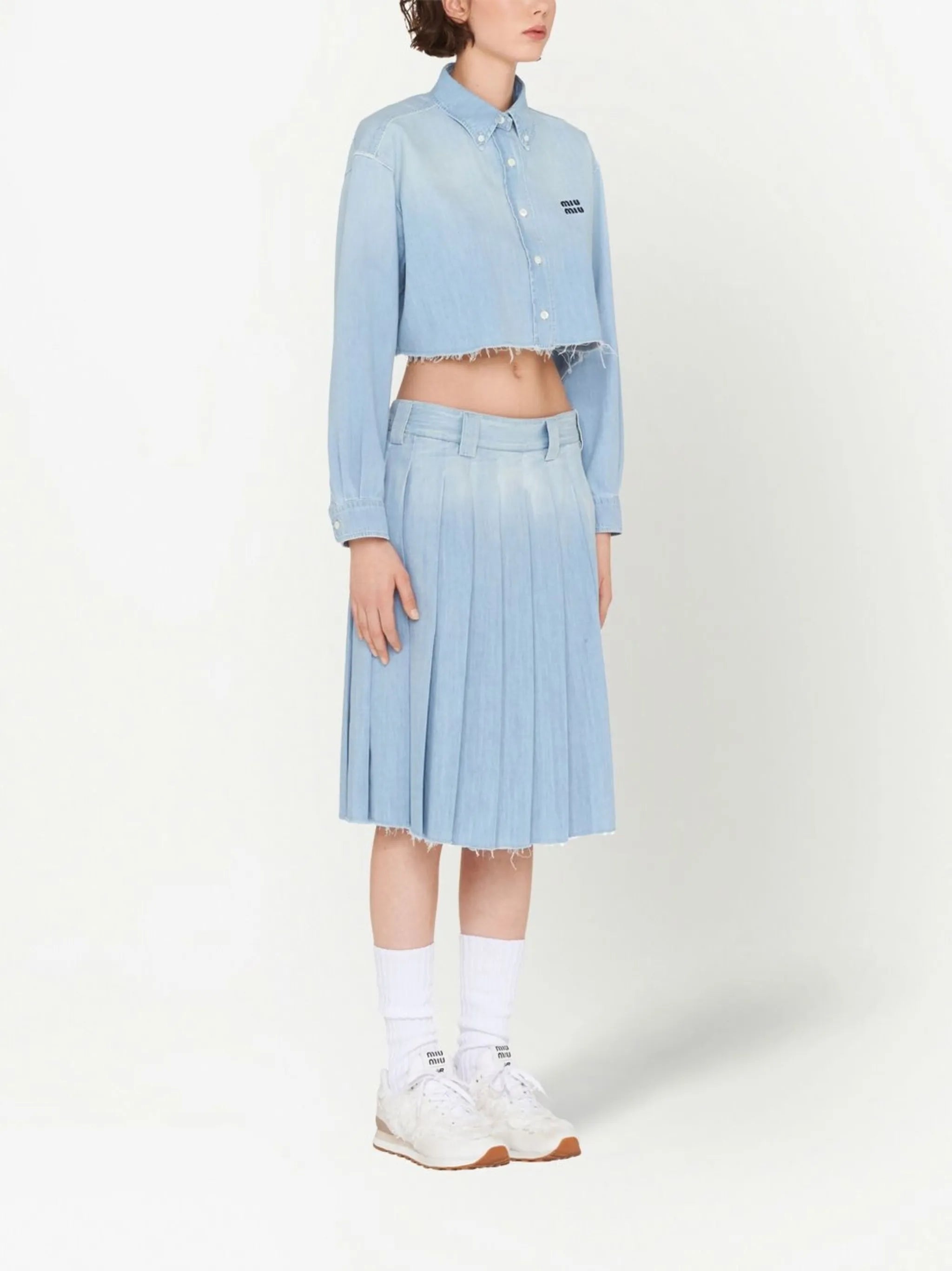 pleated chambray midi skirt