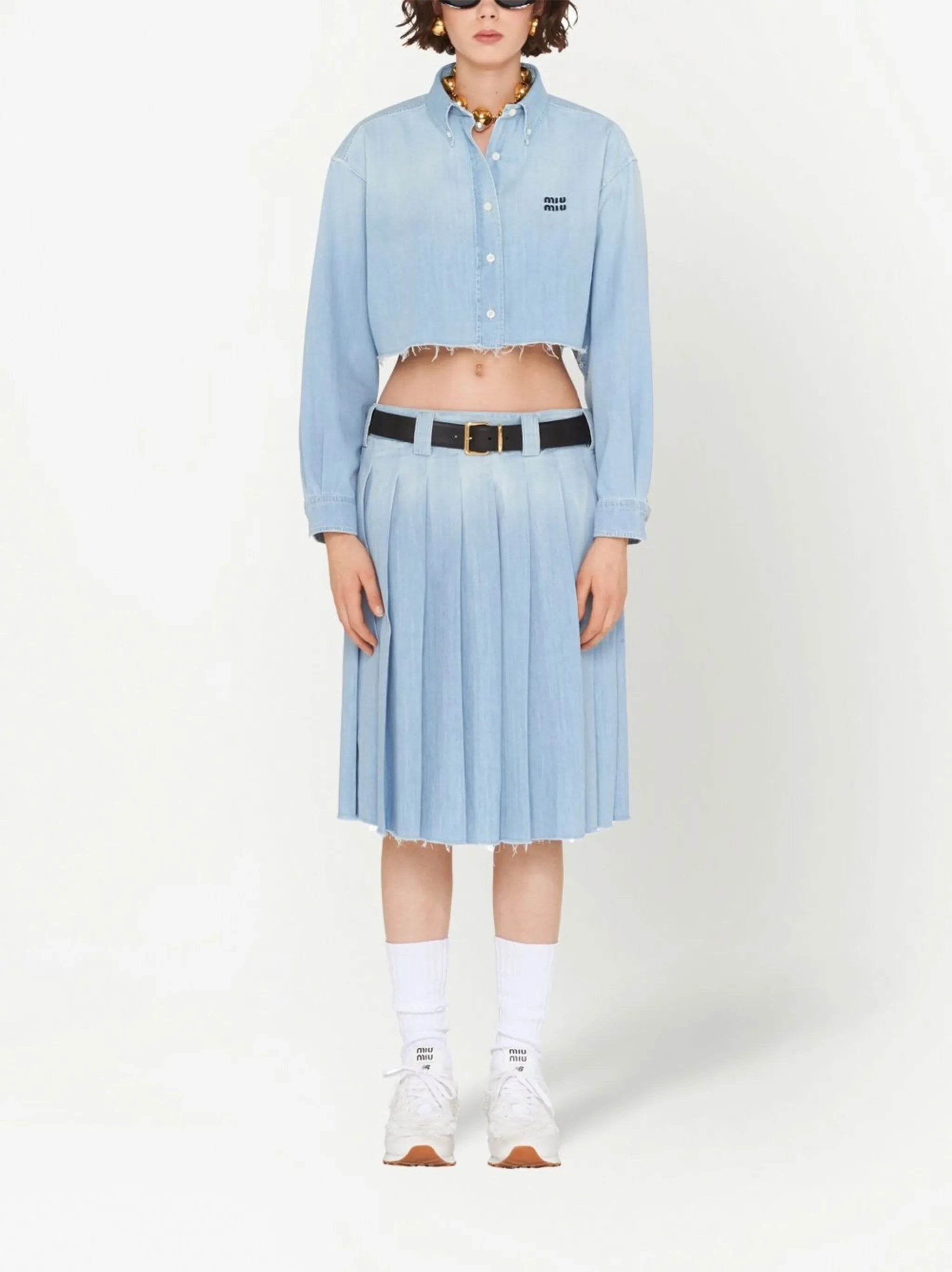 pleated chambray midi skirt