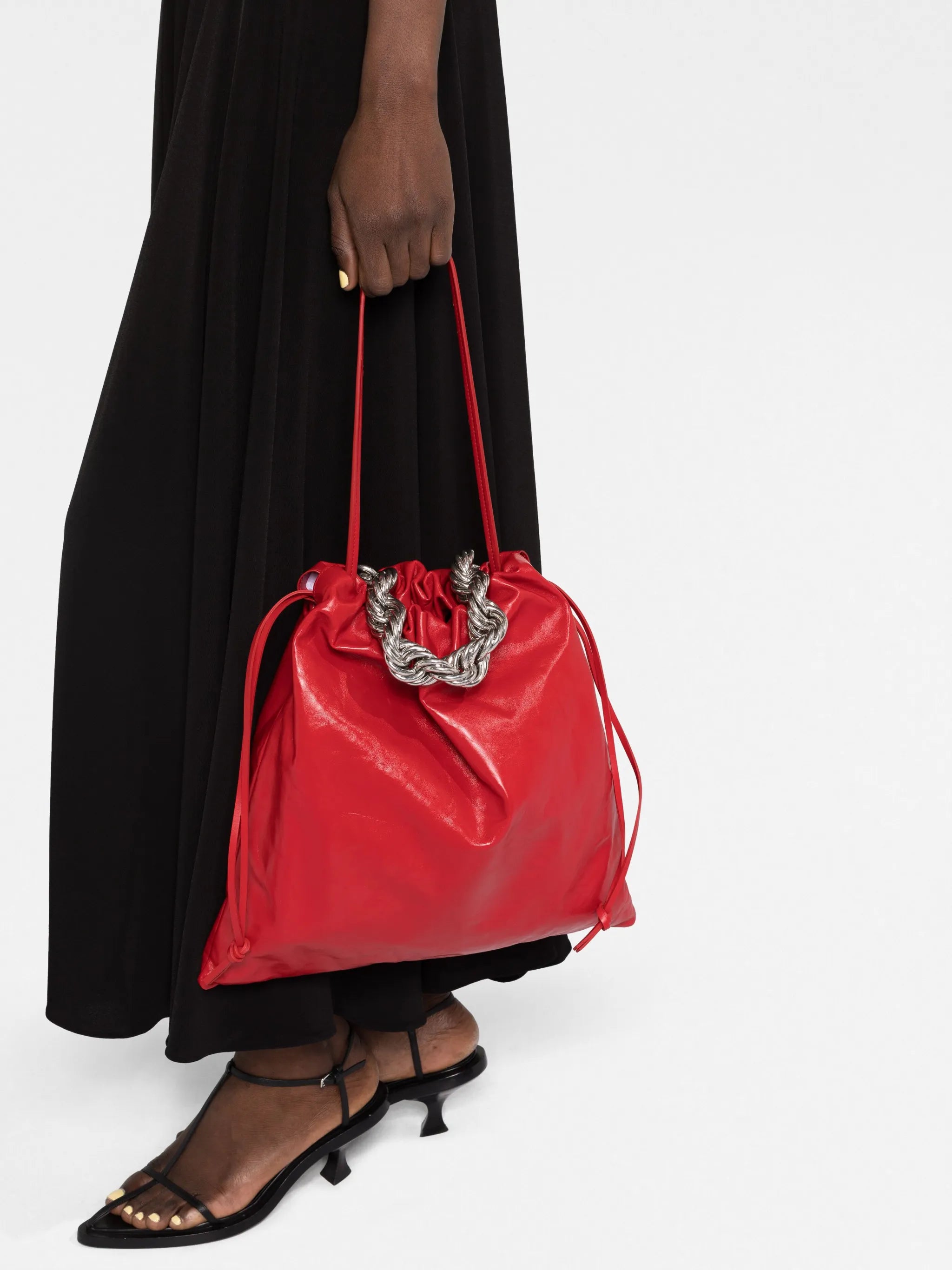 metallic chain-handle leather tote bag