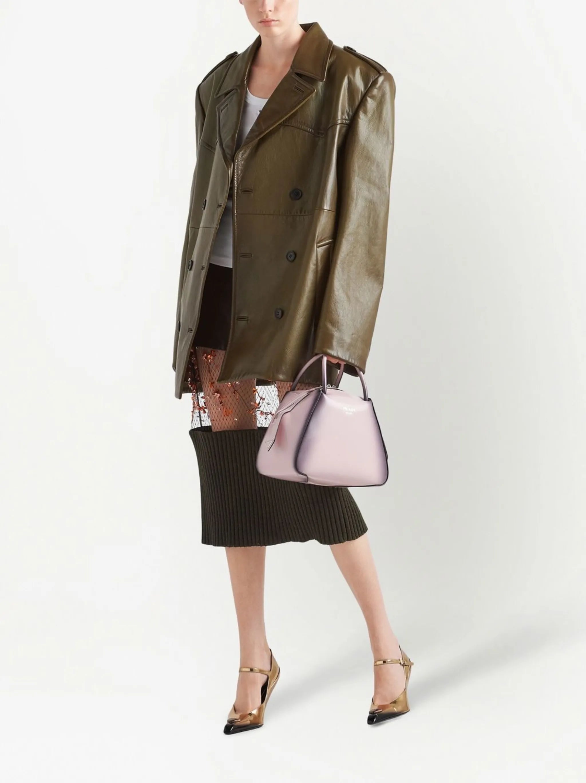 double-breasted leather coat