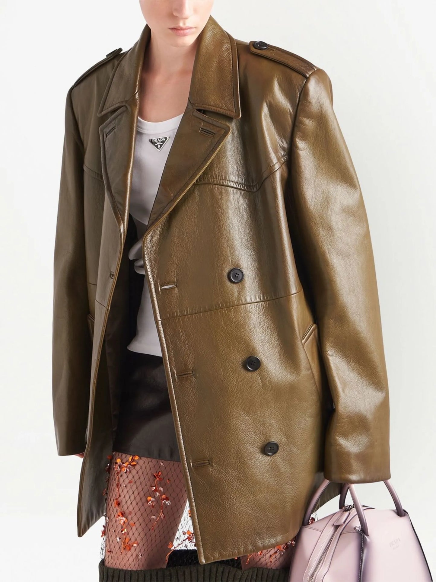 double-breasted leather coat