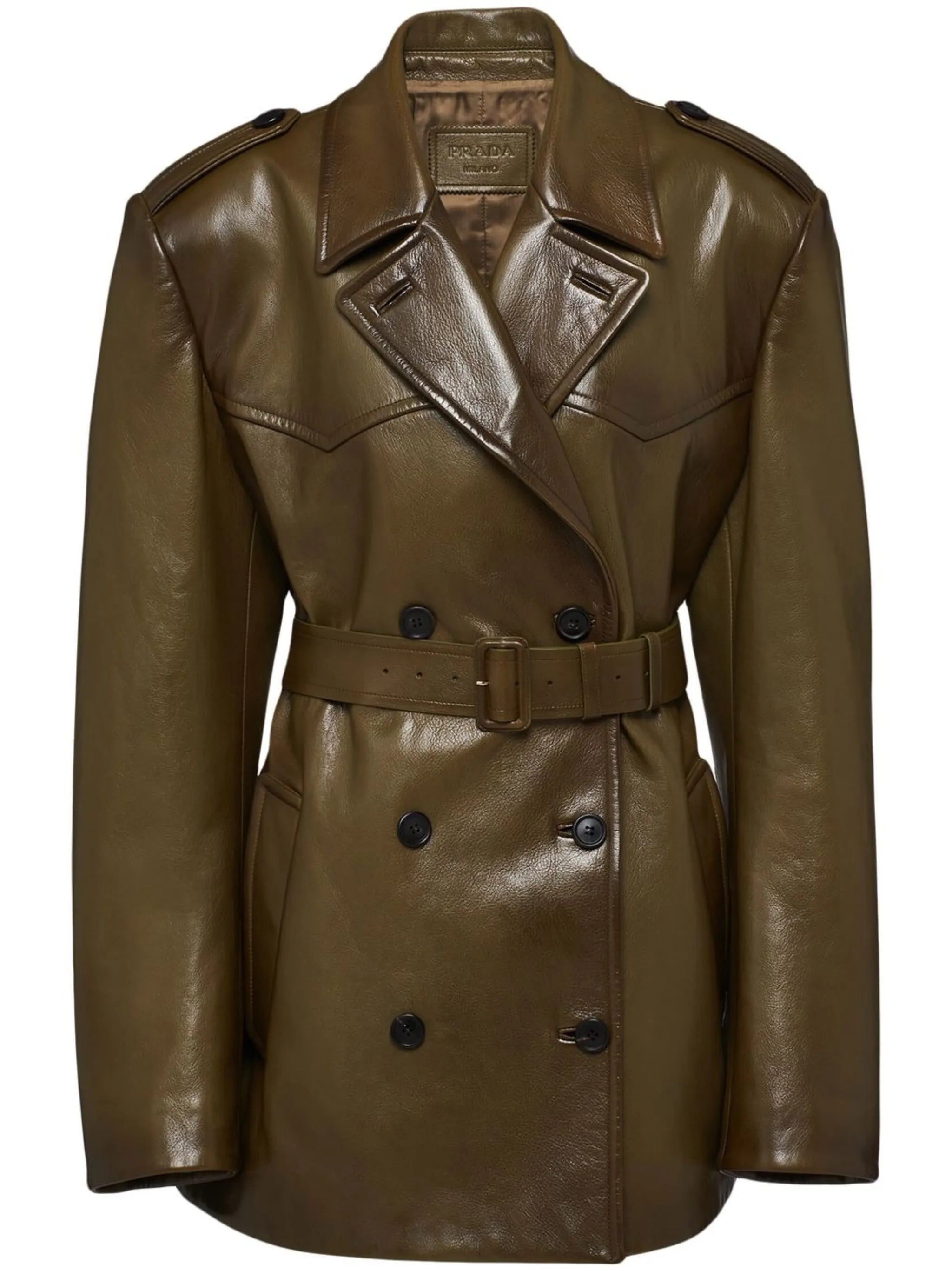 double-breasted leather coat