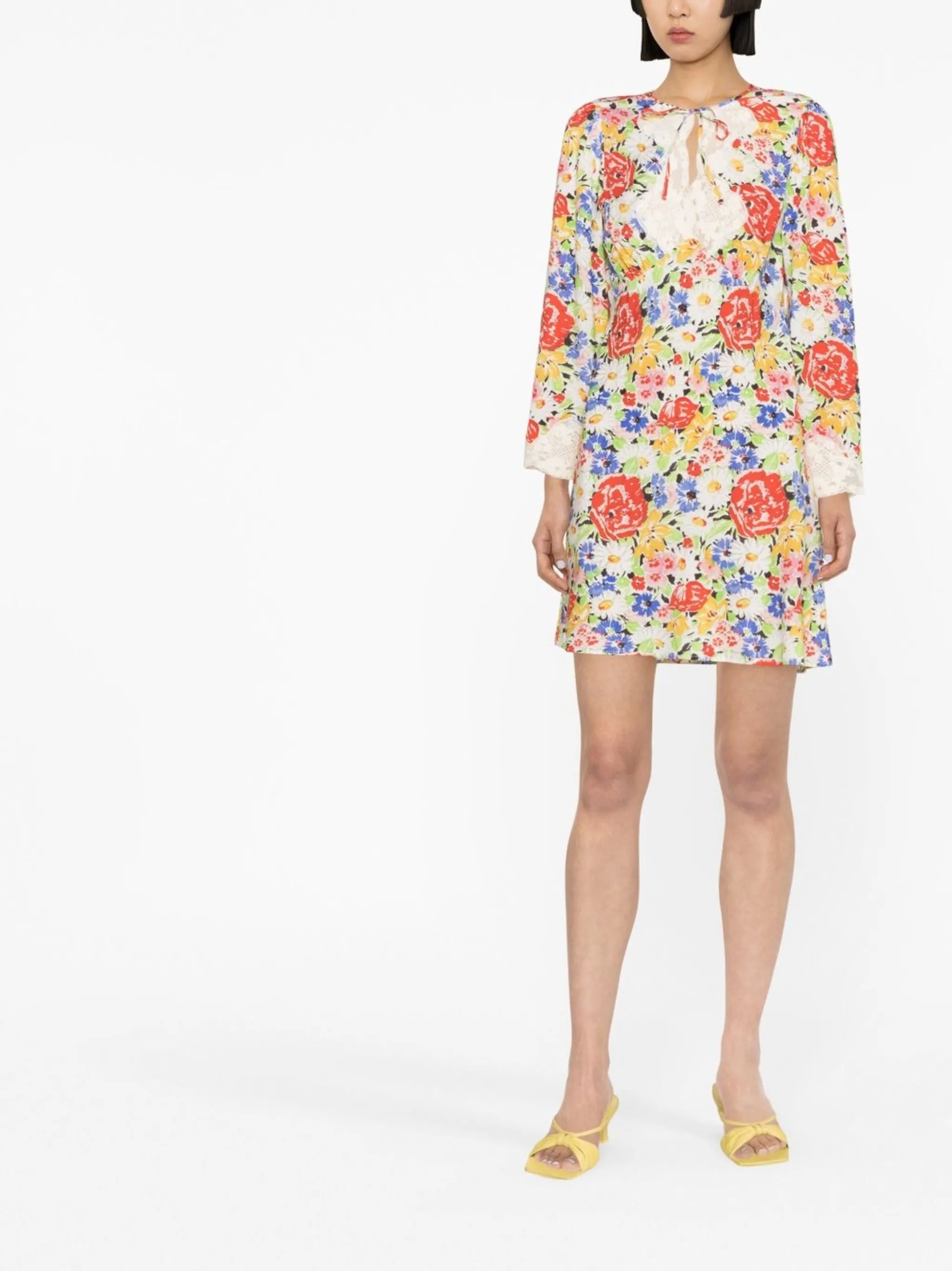 floral-print lace-trim dress