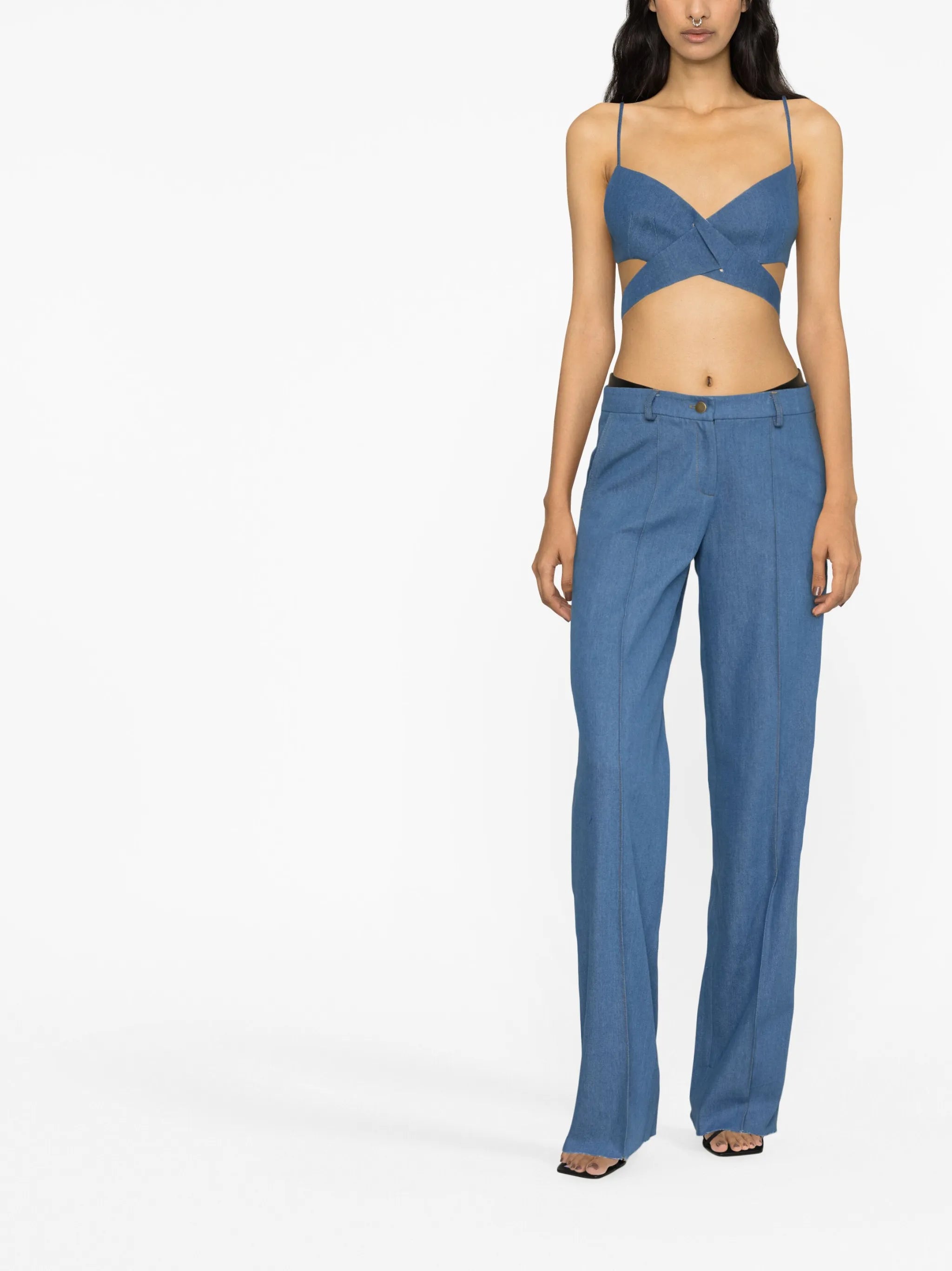 double-waistband straight-leg trousers