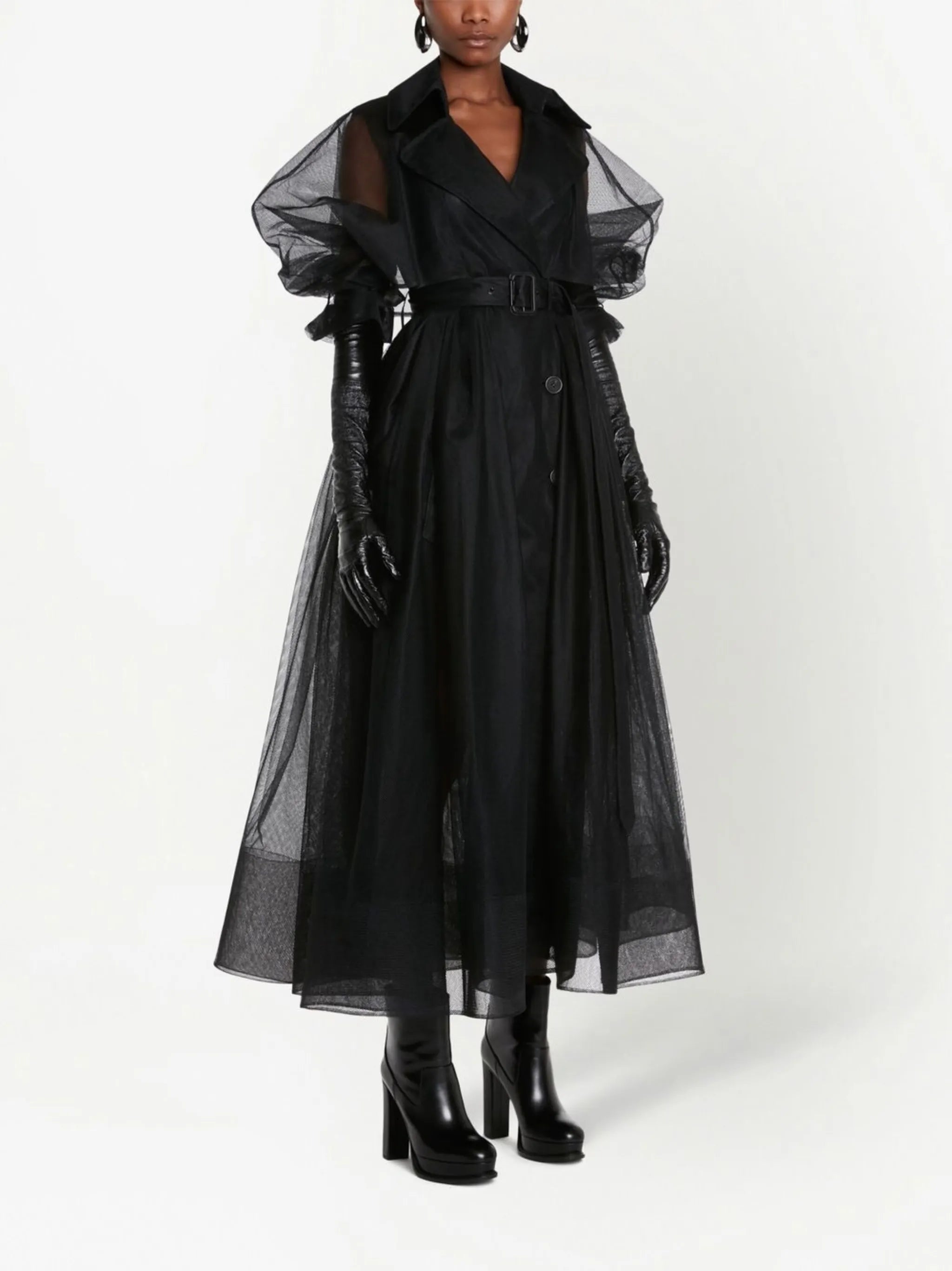 belted waist tulle trench coat