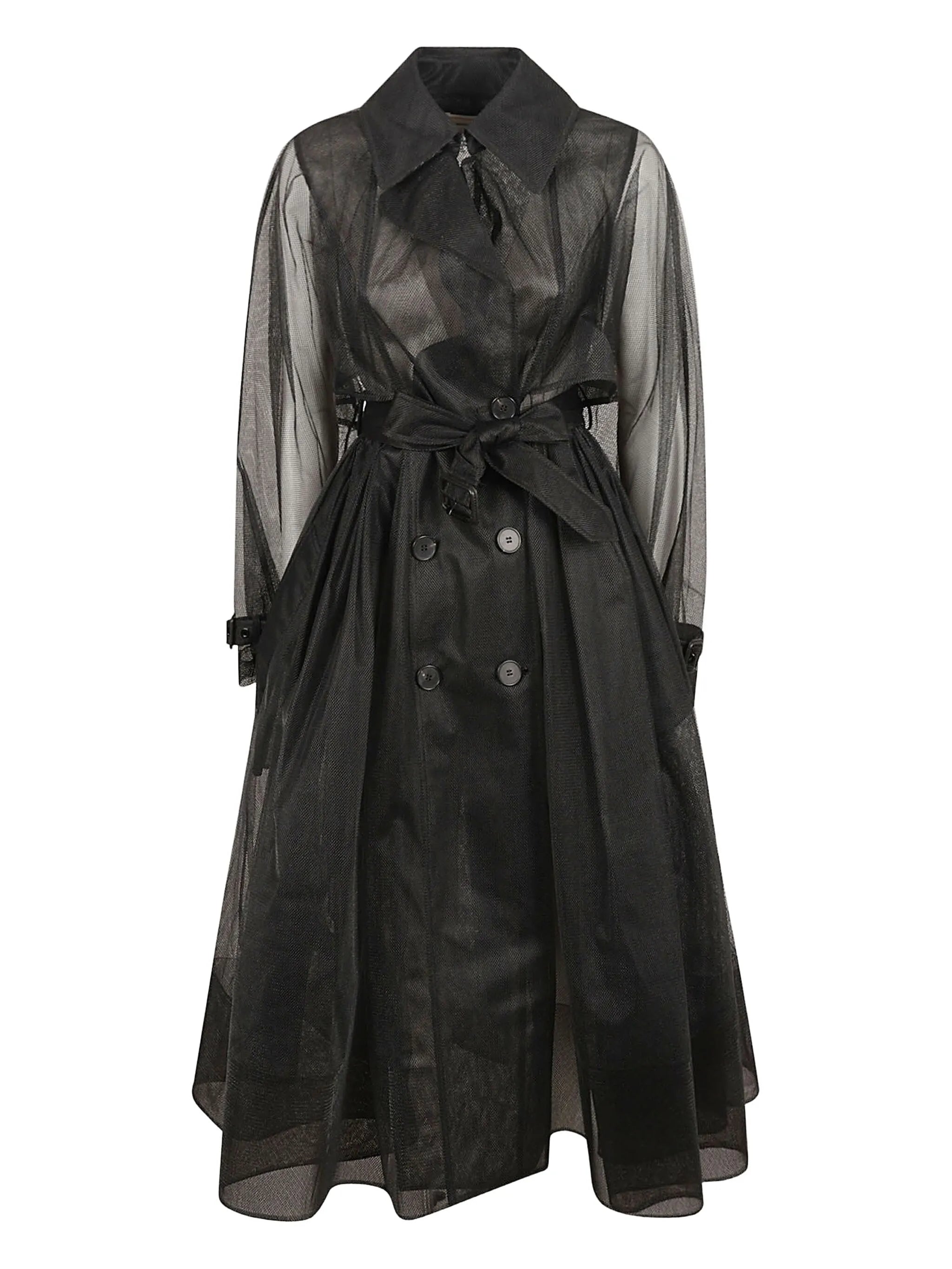 belted waist tulle trench coat
