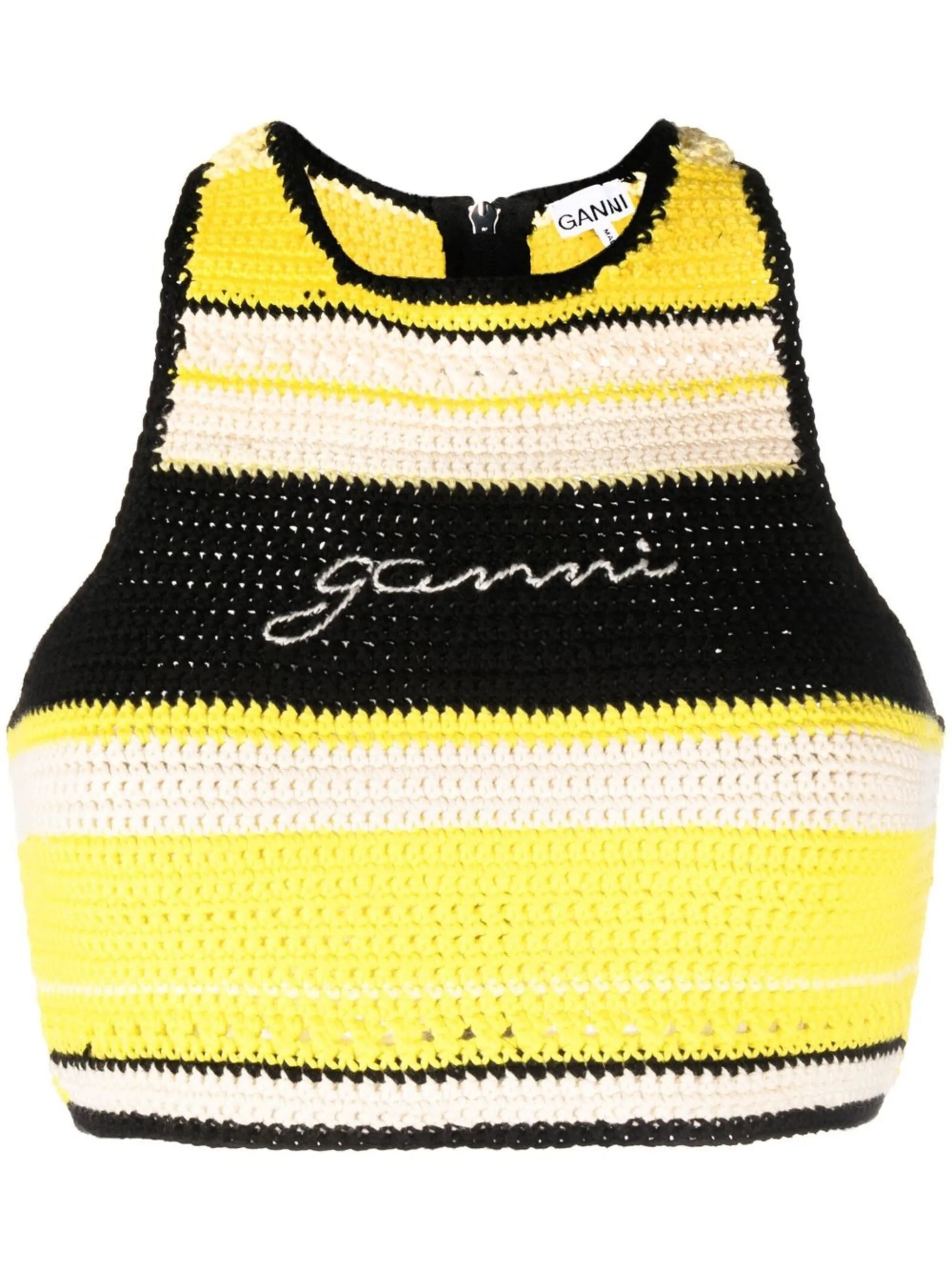 logo-embroidered crochet top