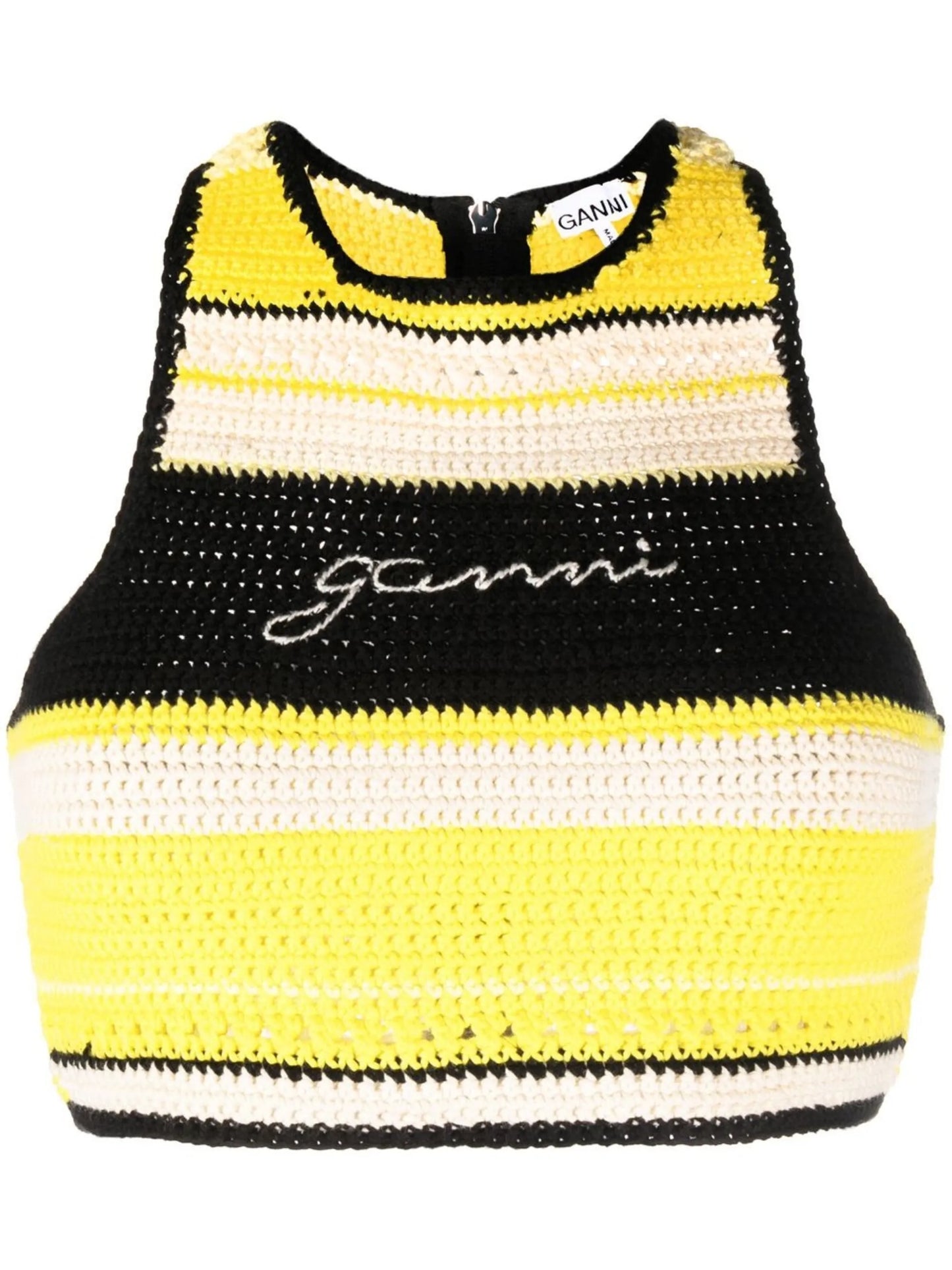 logo-embroidered crochet top