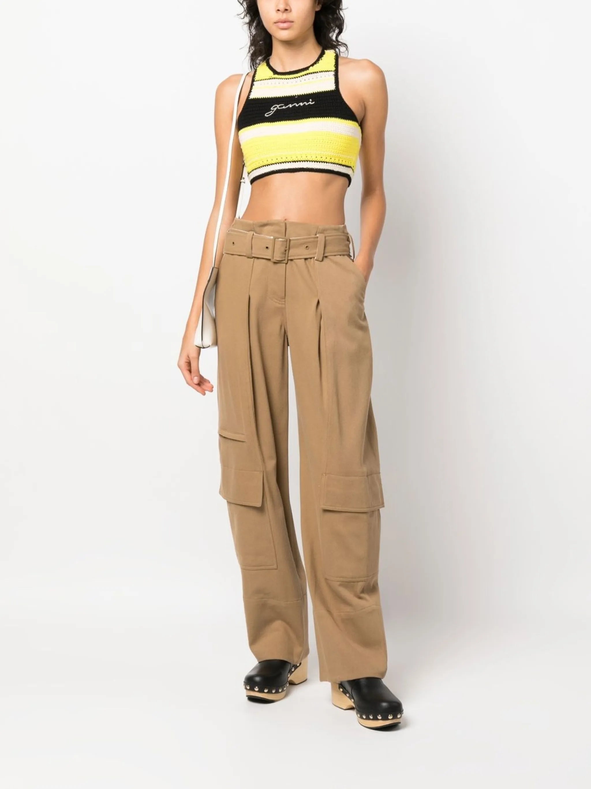 logo-embroidered crochet top