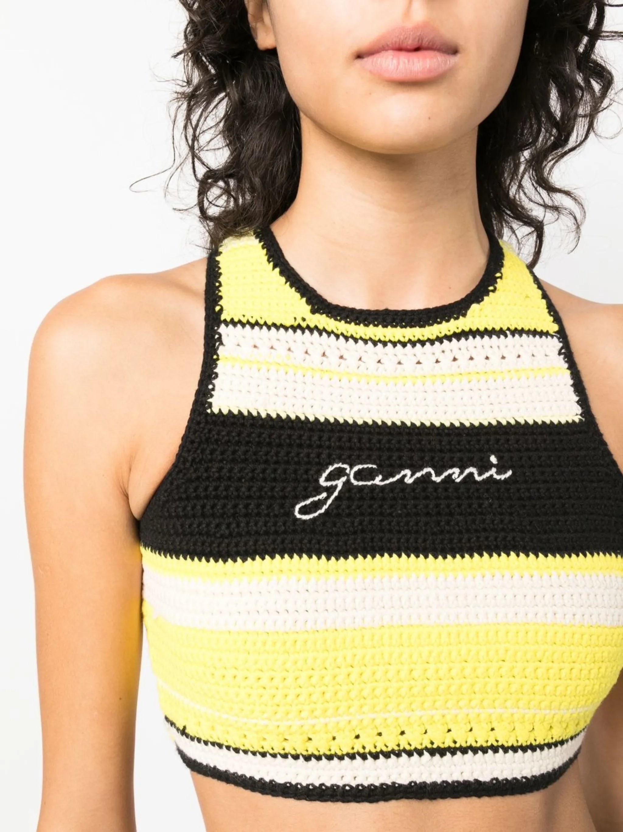 logo-embroidered crochet top