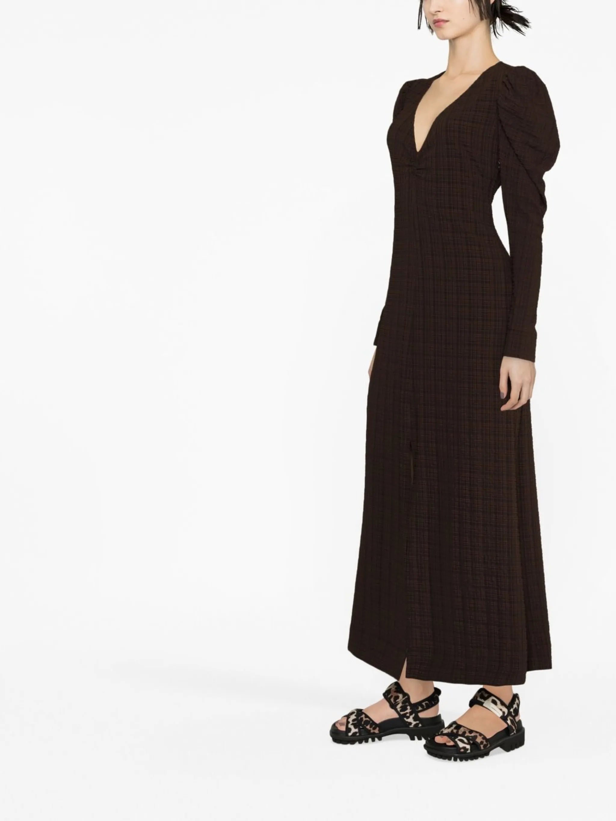 checked puff sleeve dress