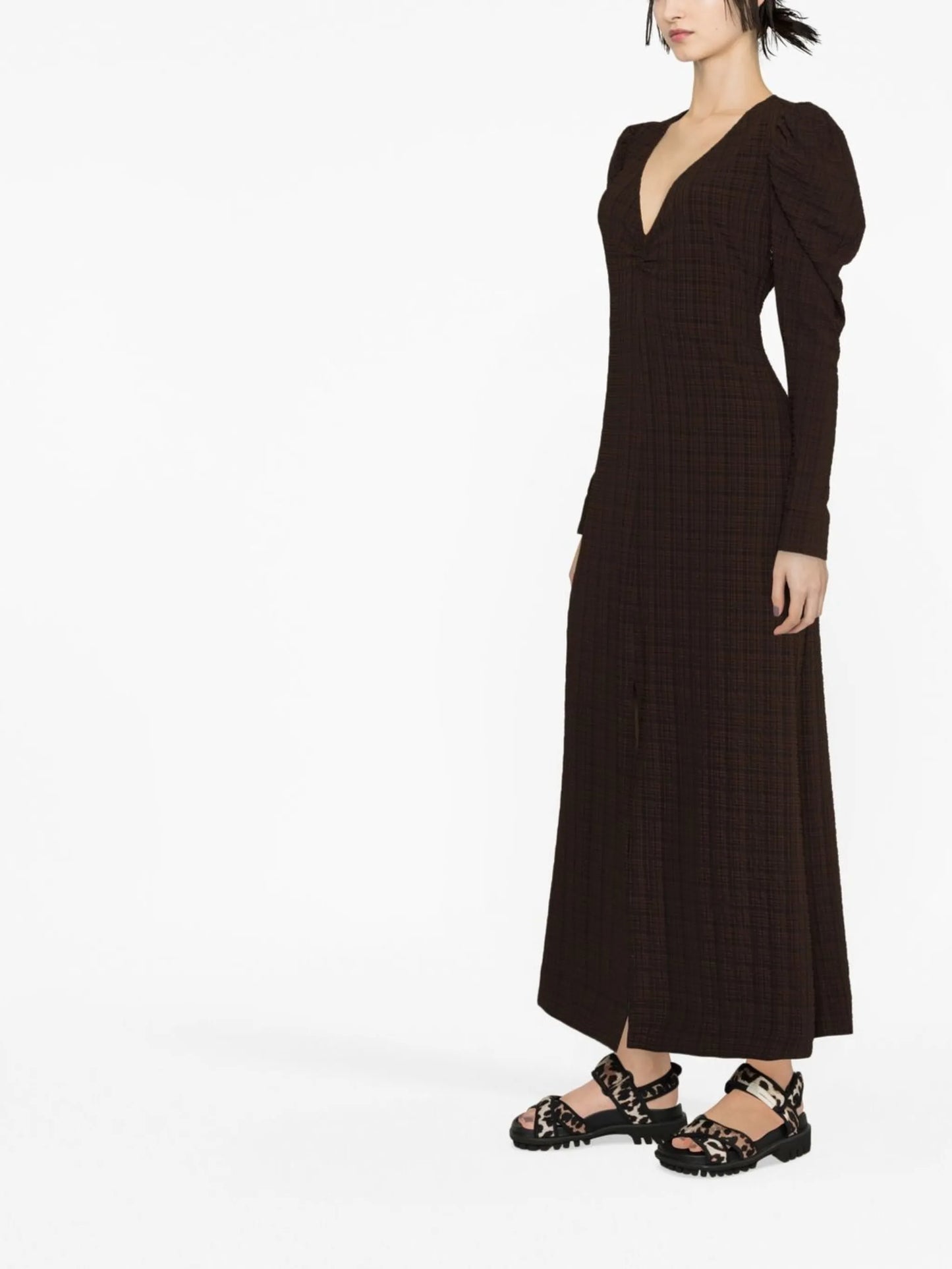checked puff sleeve dress