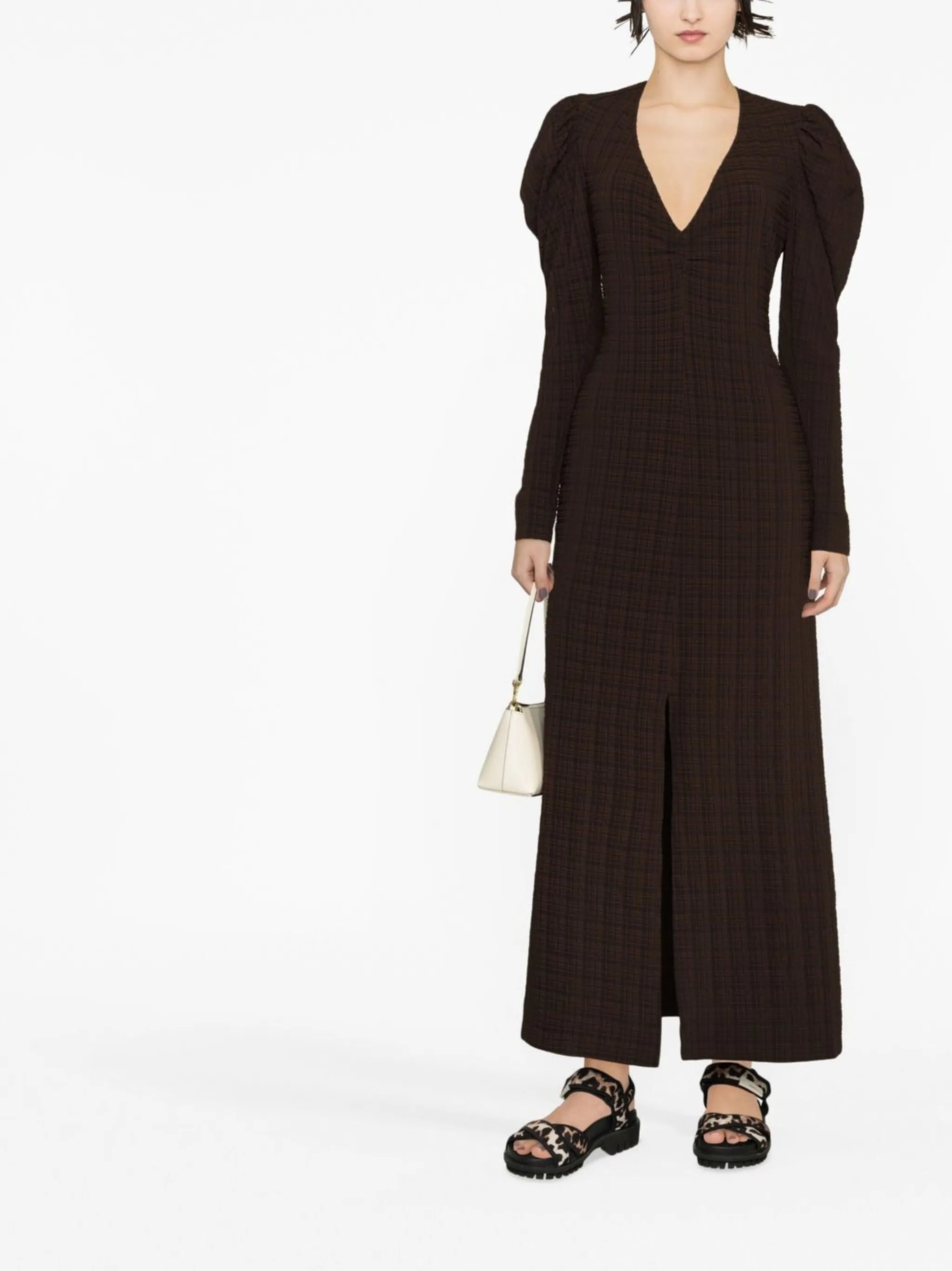 checked puff sleeve dress