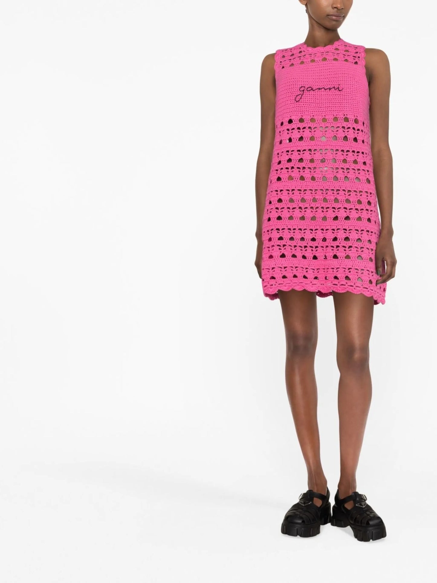 logo-embroidered crochet dress