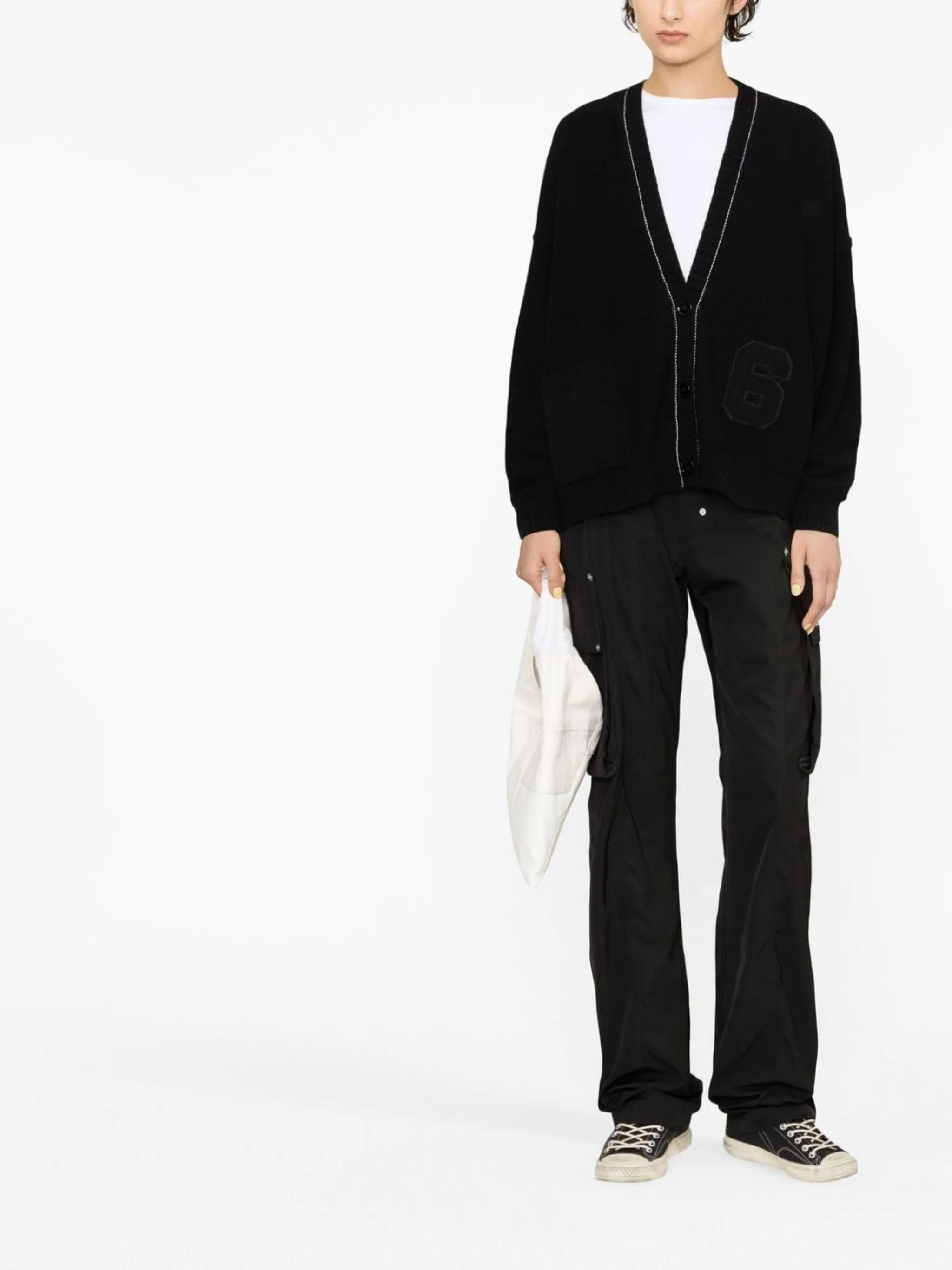 number-patch V-neck cardigan