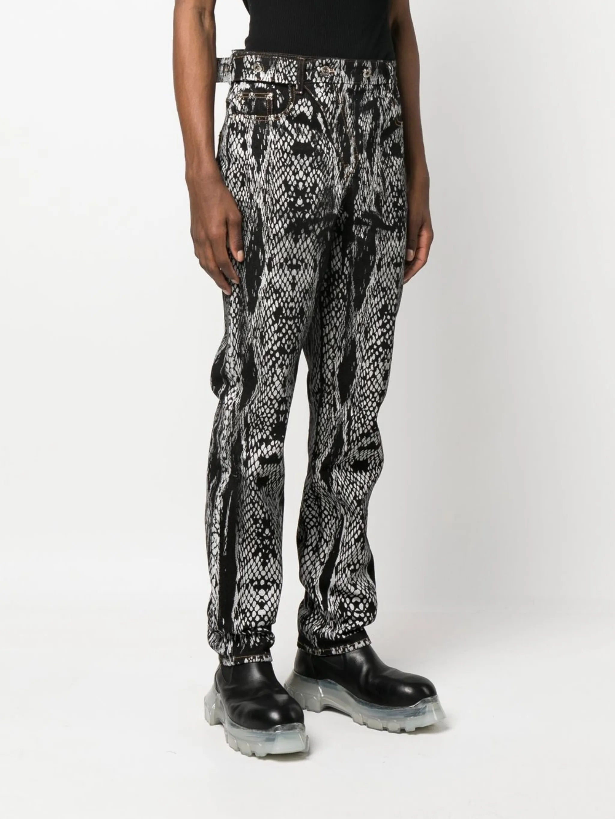 snakeskin-print denim trousers