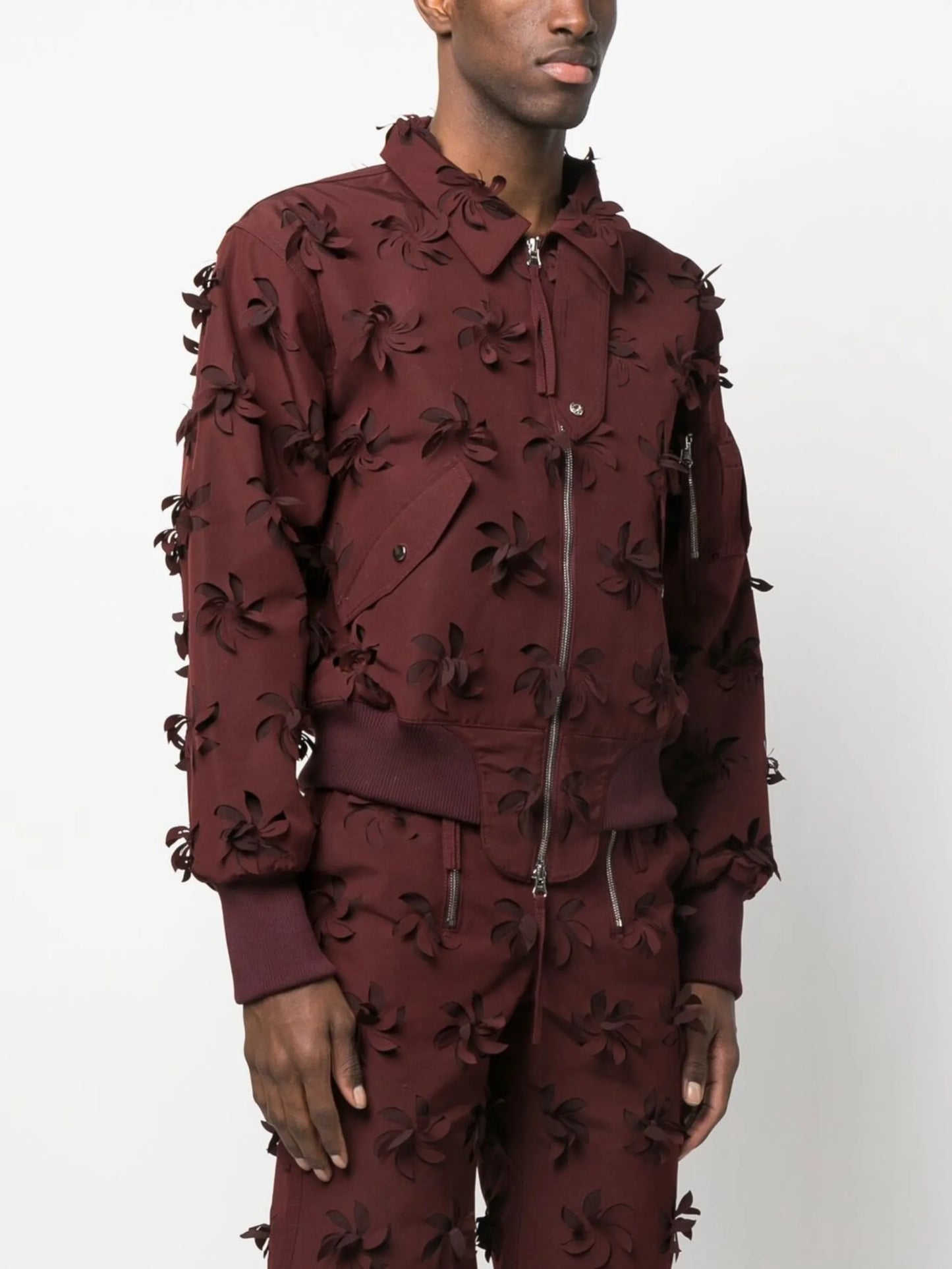 floral-appliqué zipped bomber jacket