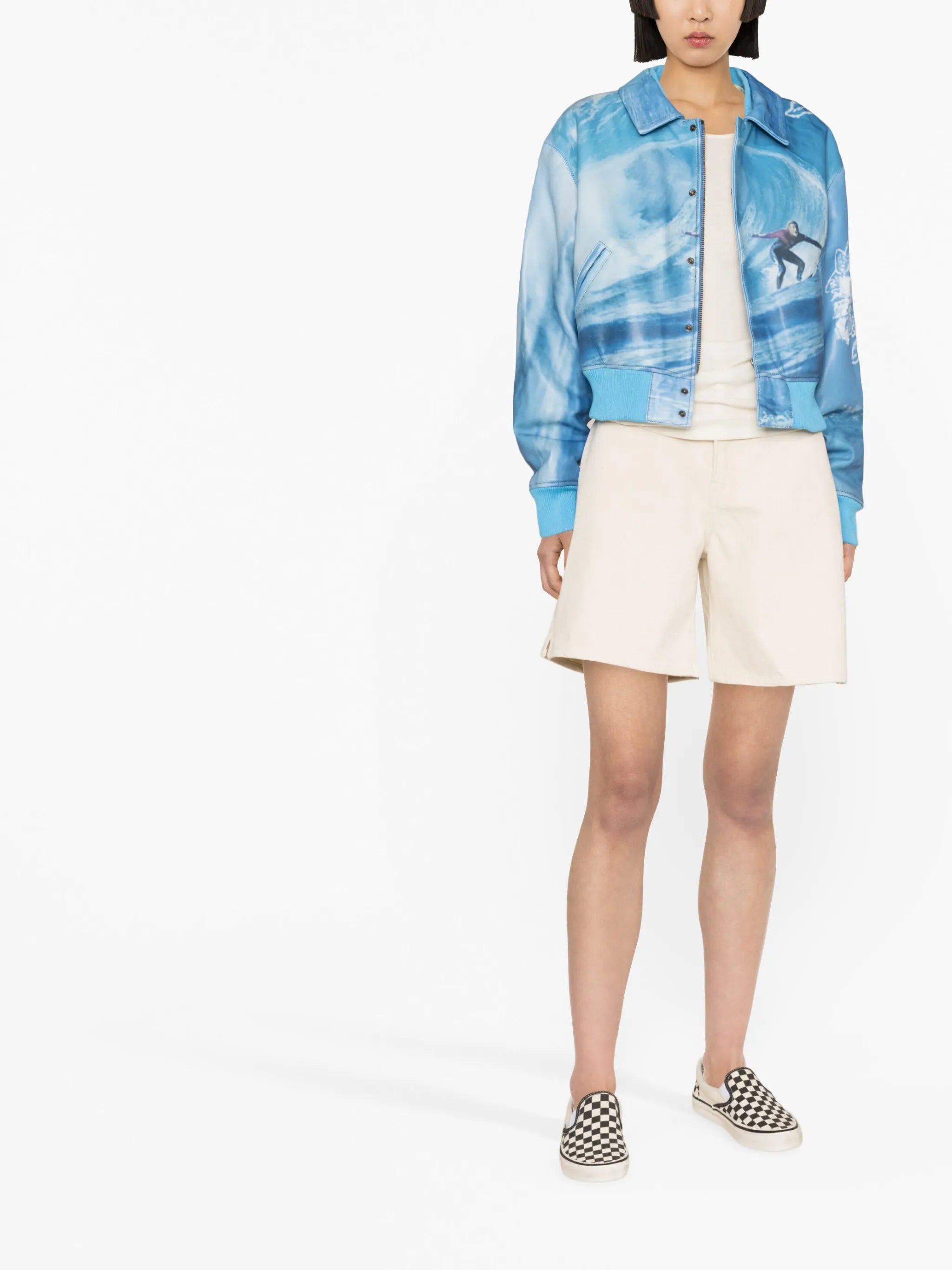 graphic-print leather bomber jacket