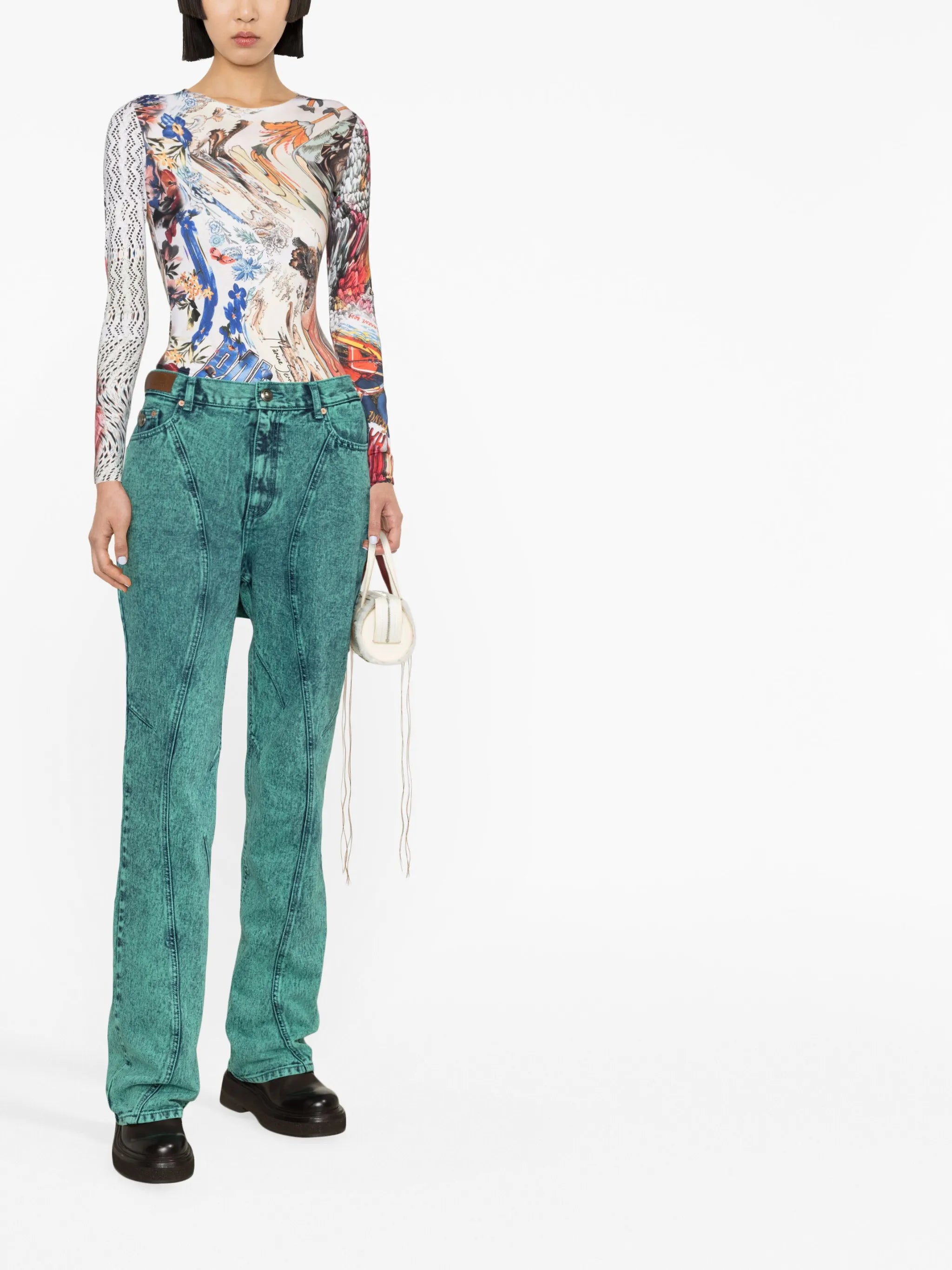 Glen layered panelled straight-leg jeans
