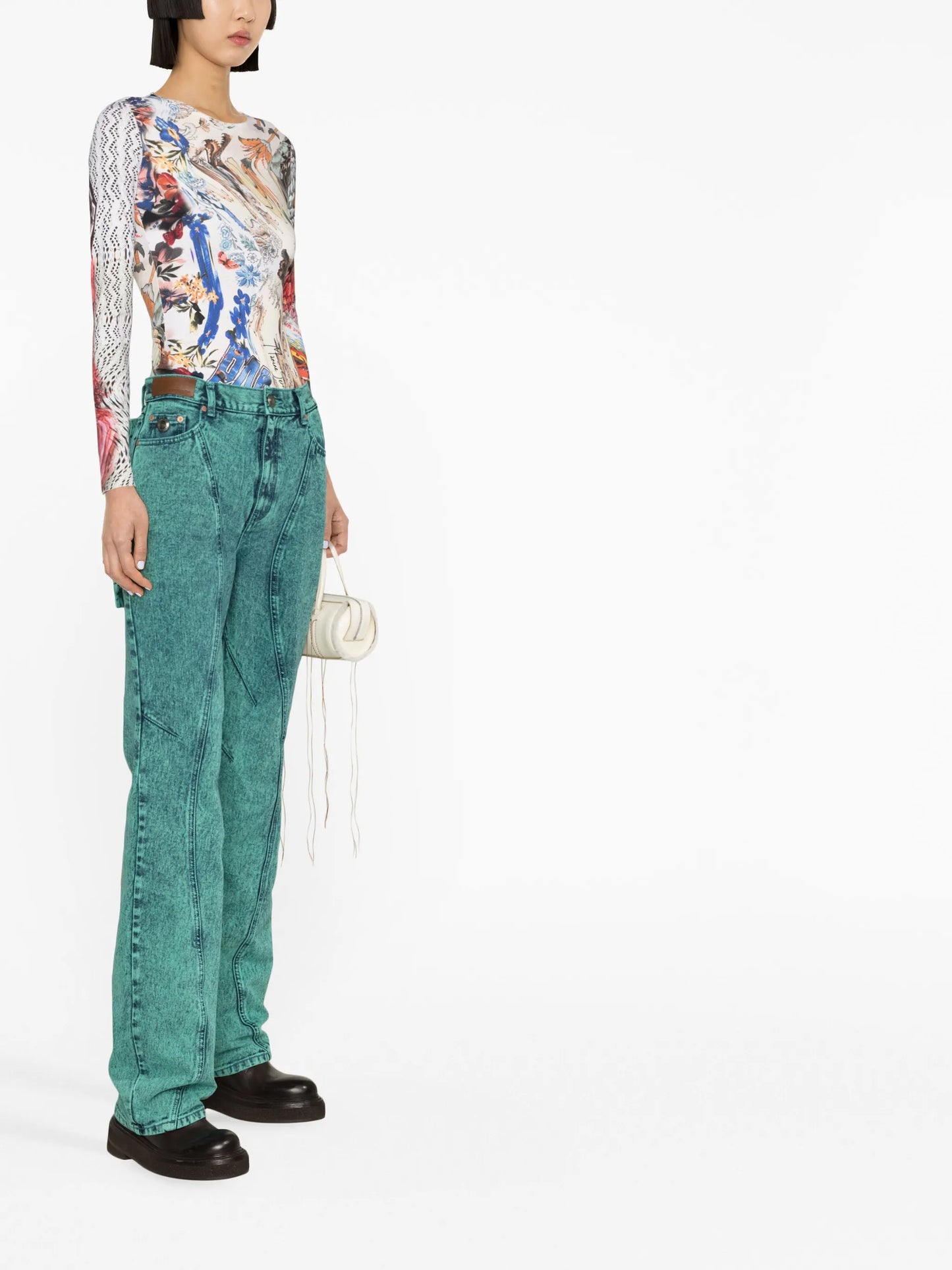 Glen layered panelled straight-leg jeans
