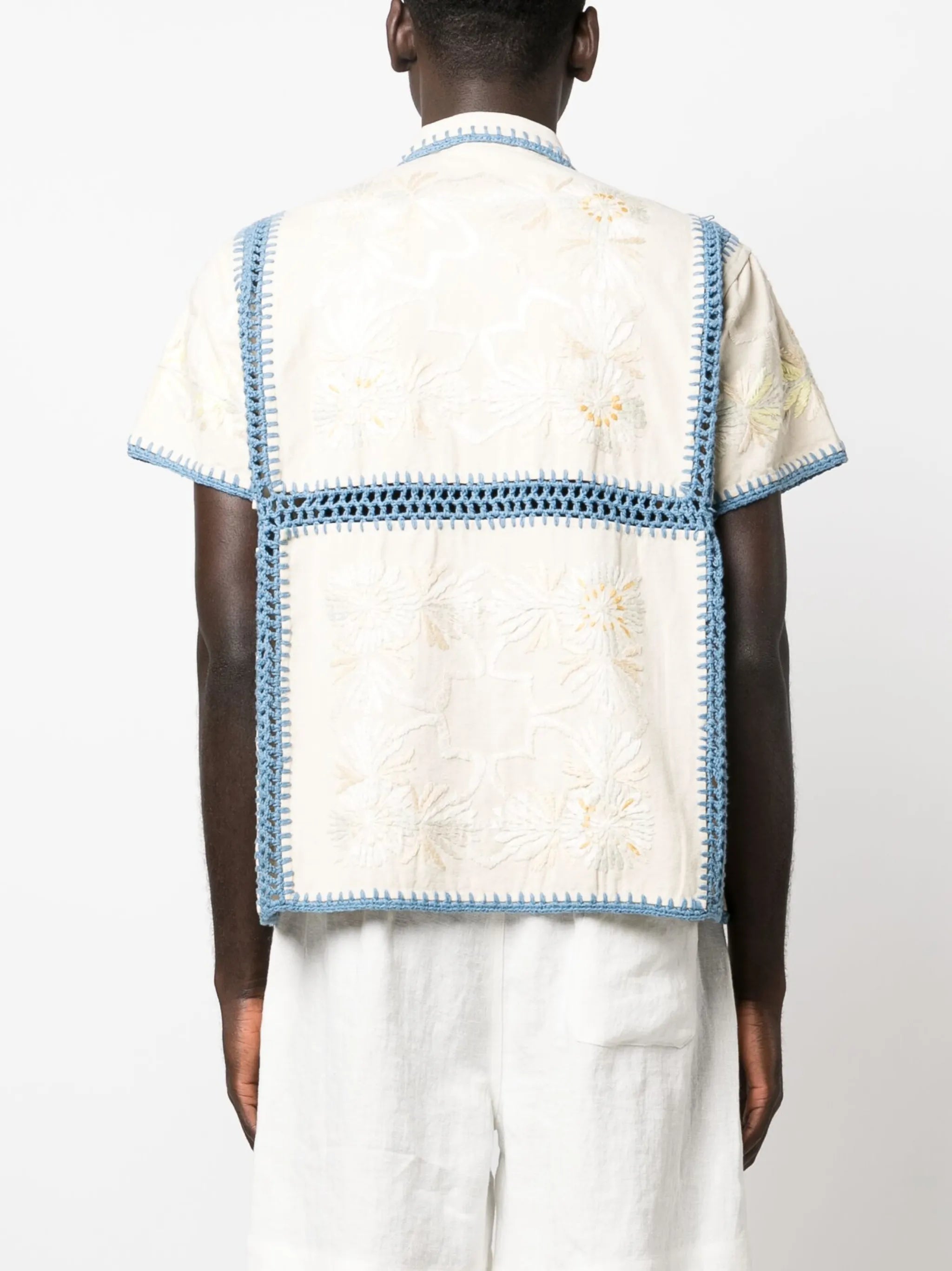 Ladderwork embroidered crochet-knit shirt