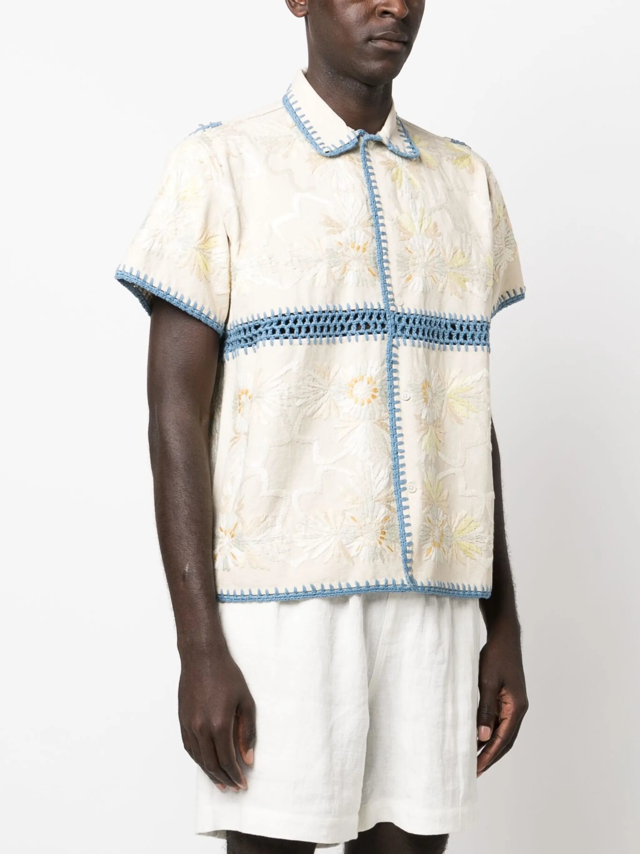 Ladderwork embroidered crochet-knit shirt