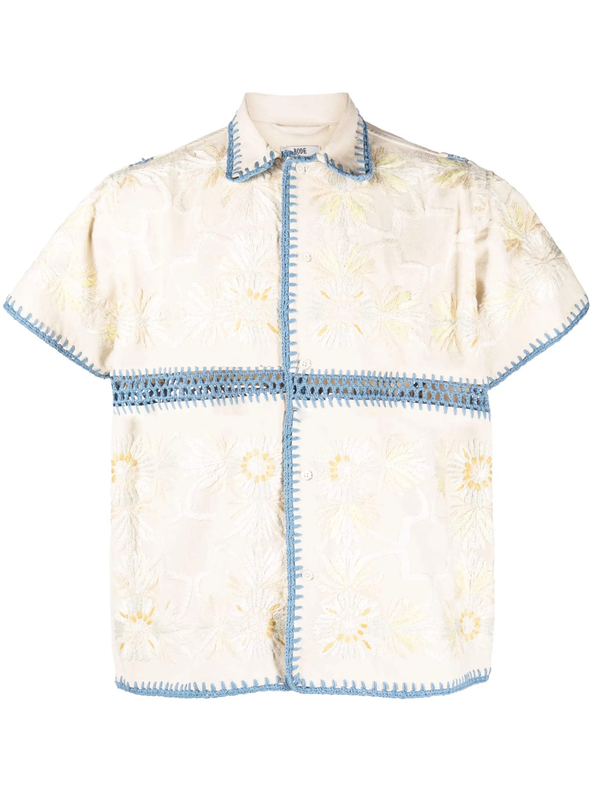 Ladderwork embroidered crochet-knit shirt