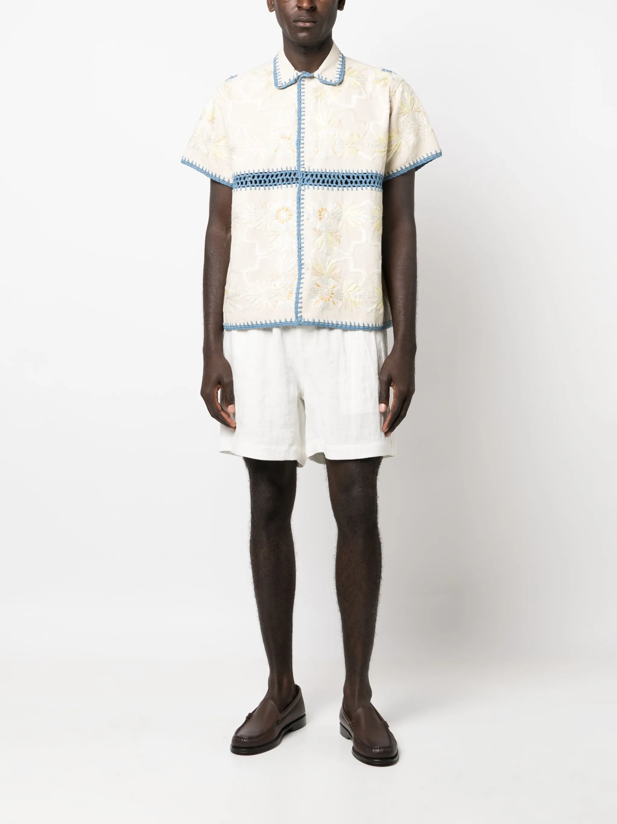 Ladderwork embroidered crochet-knit shirt
